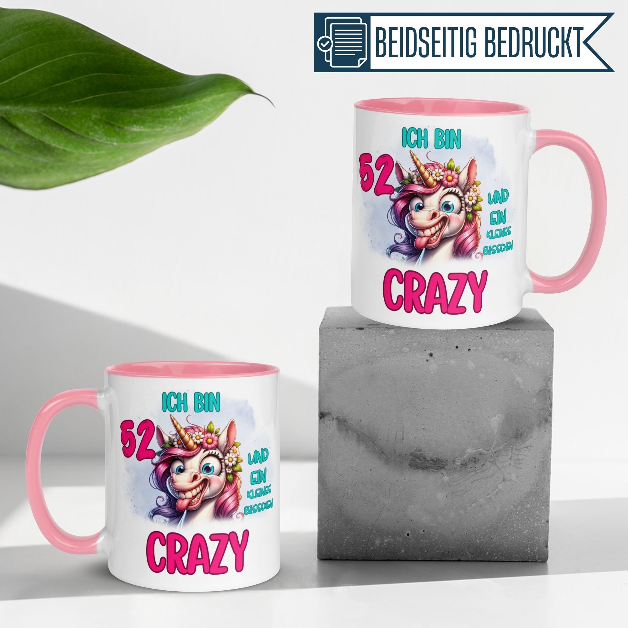 Momentals® Tasse 52. Geburtstag | Einhorn & Spruch | Ich bin 52 und ein kleines bisschen crazy