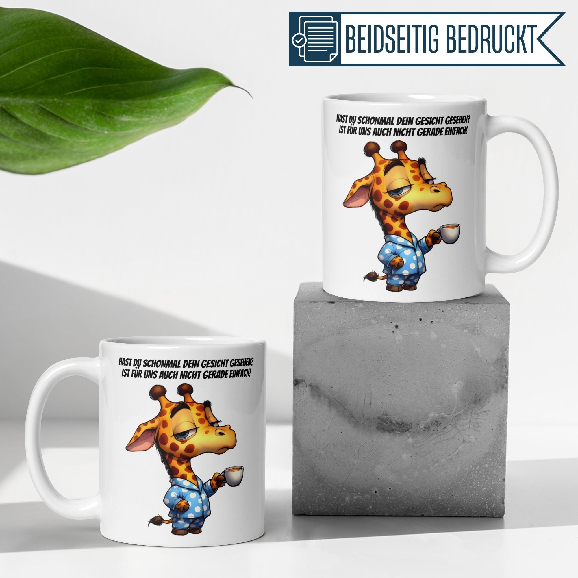 Momentals Tasse mit Giraffenmotiv für Morgenmuffel, Spruch über Energie am Morgen.