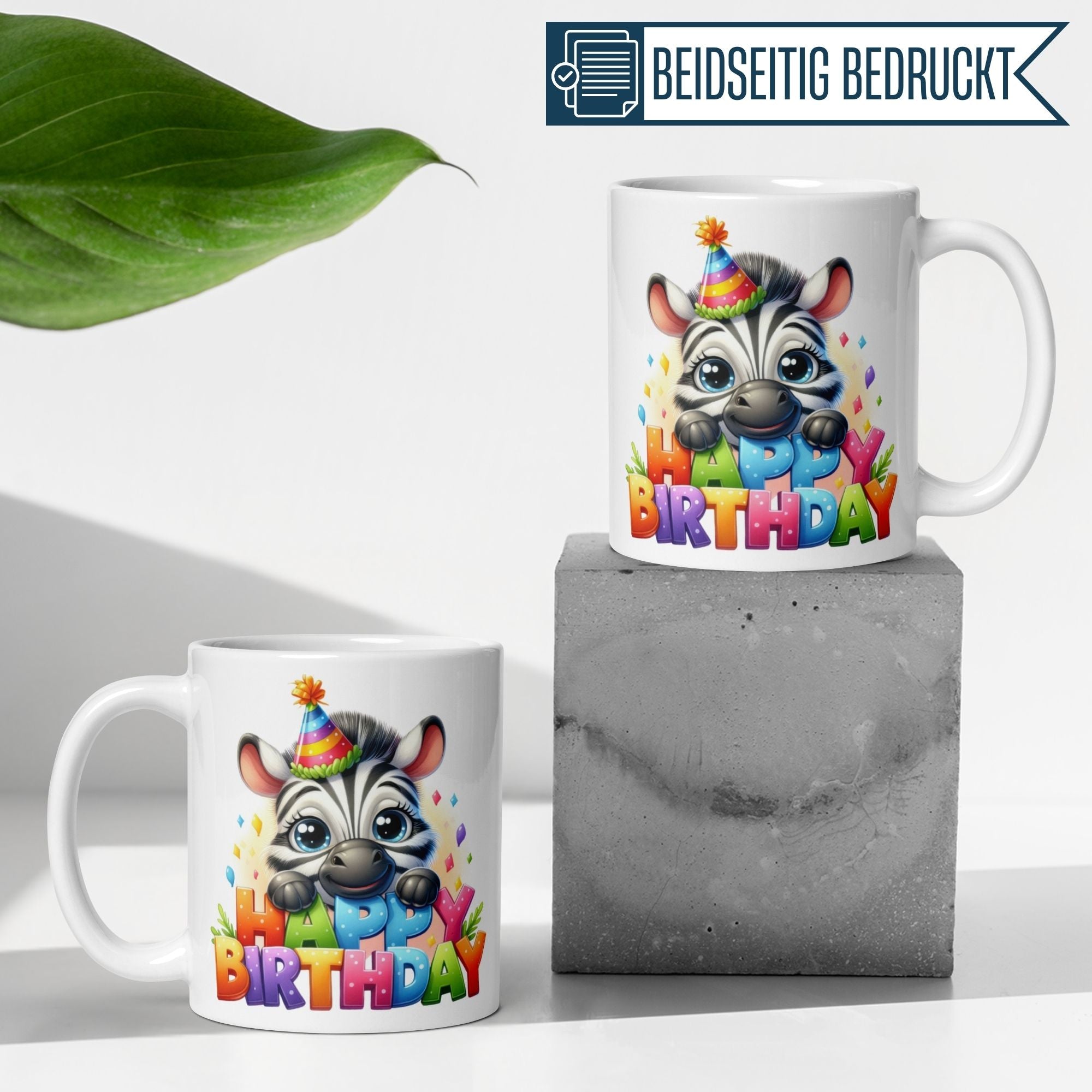 Happy Birthday mug featuring a cheerful zebra in a party hat, perfect for birthday celebrations.