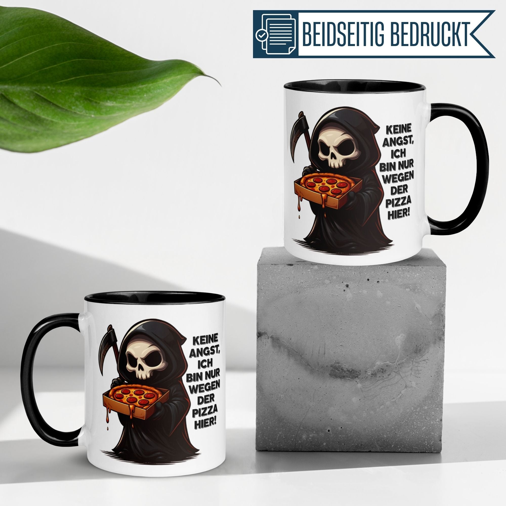 Tasse Sensenmann – „Ich bin nur wegen der Pizza hier“ – Lustige Kaffeetasse mit Spruch