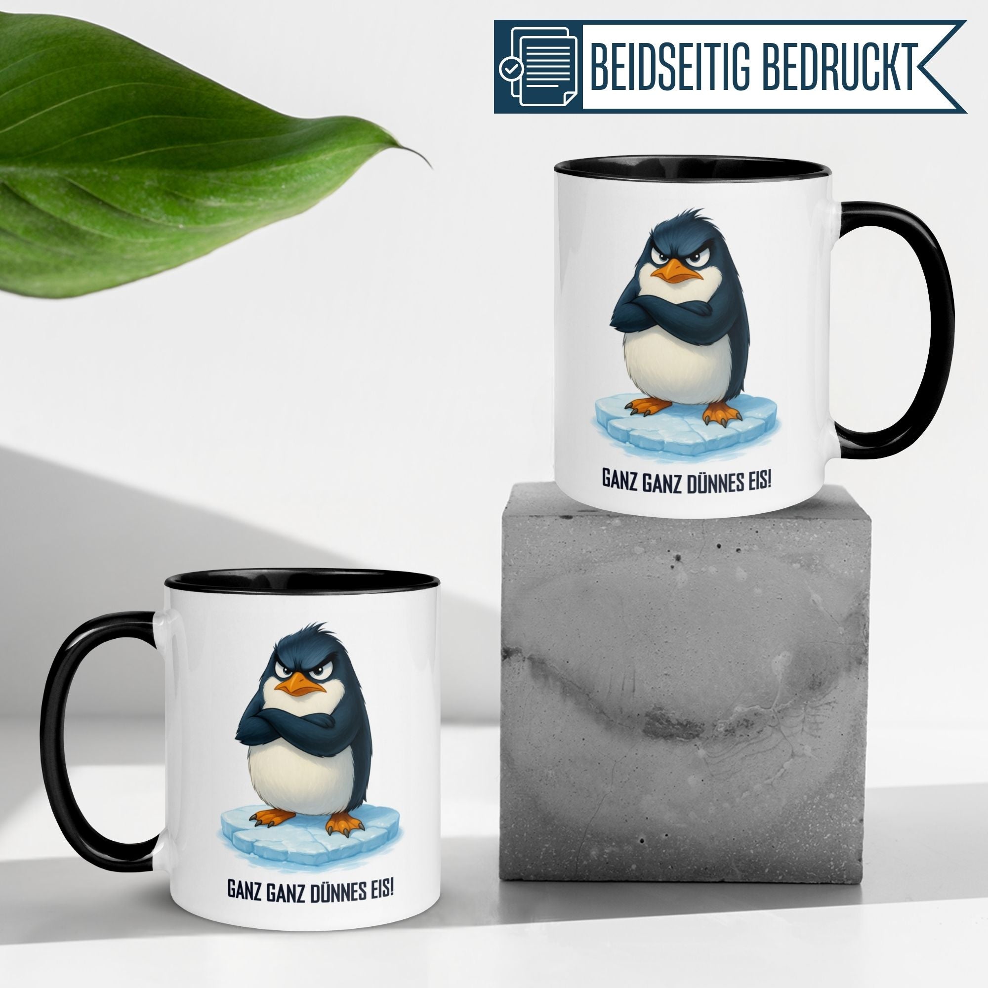 Humorous Momentals® mug featuring a penguin and the phrase 'Ganz ganz dünnes Eis!' perfect for morning coffee lovers.