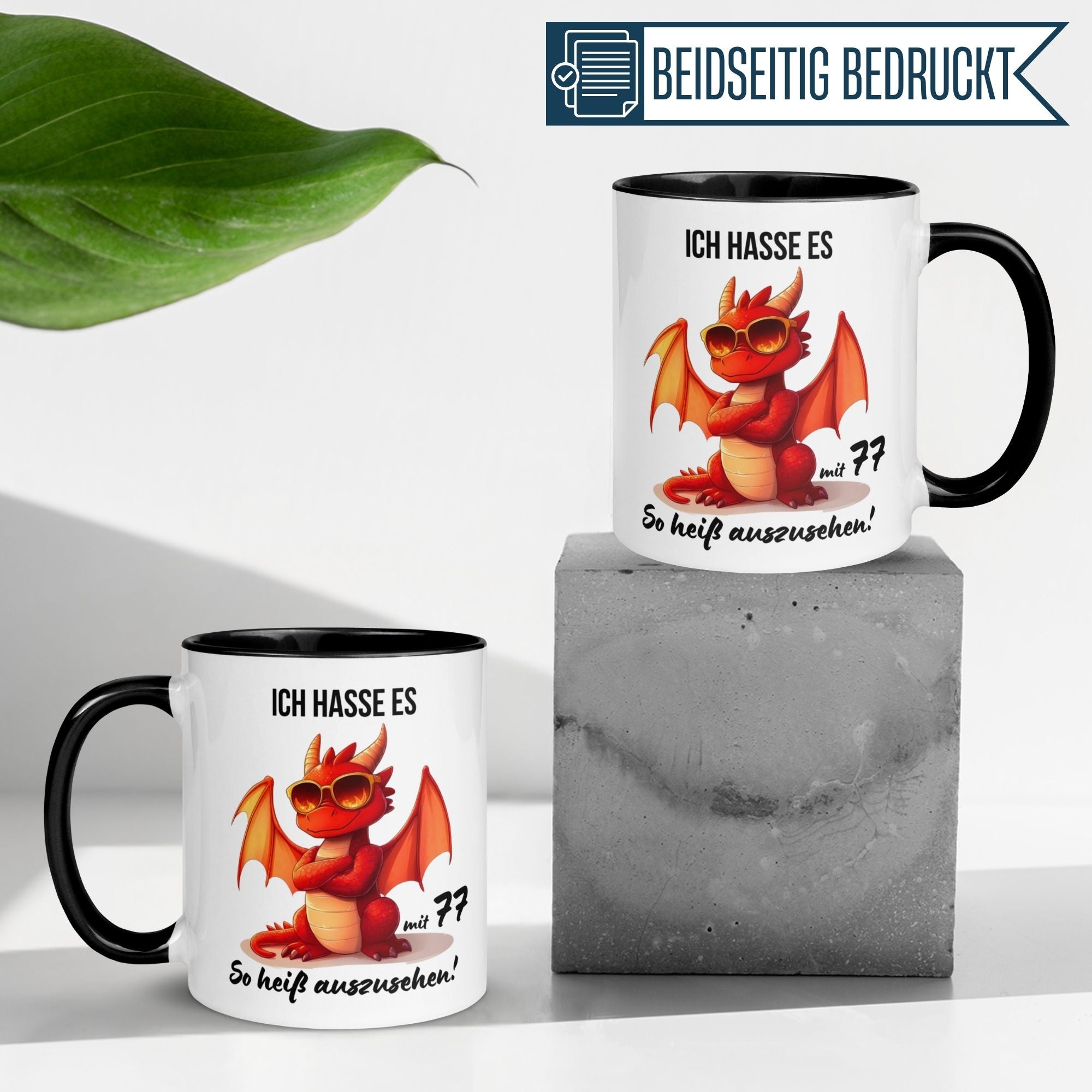Momentals® Tasse für 77. Geburtstag mit Drachenmotiv und spritzigem Spruch - perfekt für Kaffee oder Tee.