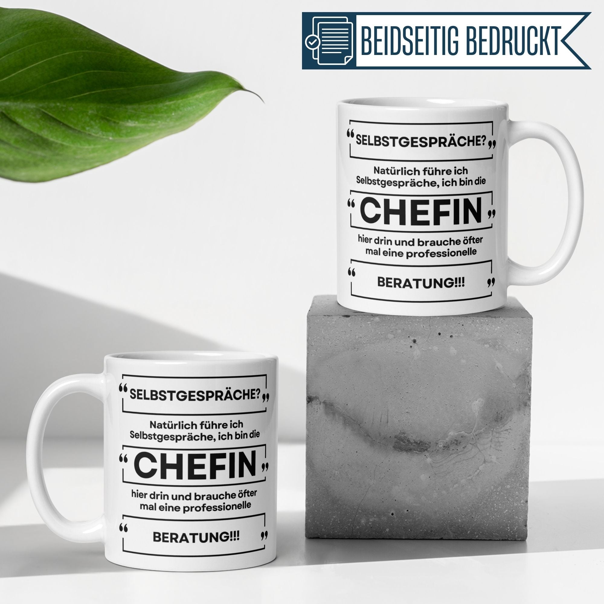 Momentals Tasse Chefin mit Spruch für humorvolle Selbstgespräche und professionelle Beratung
