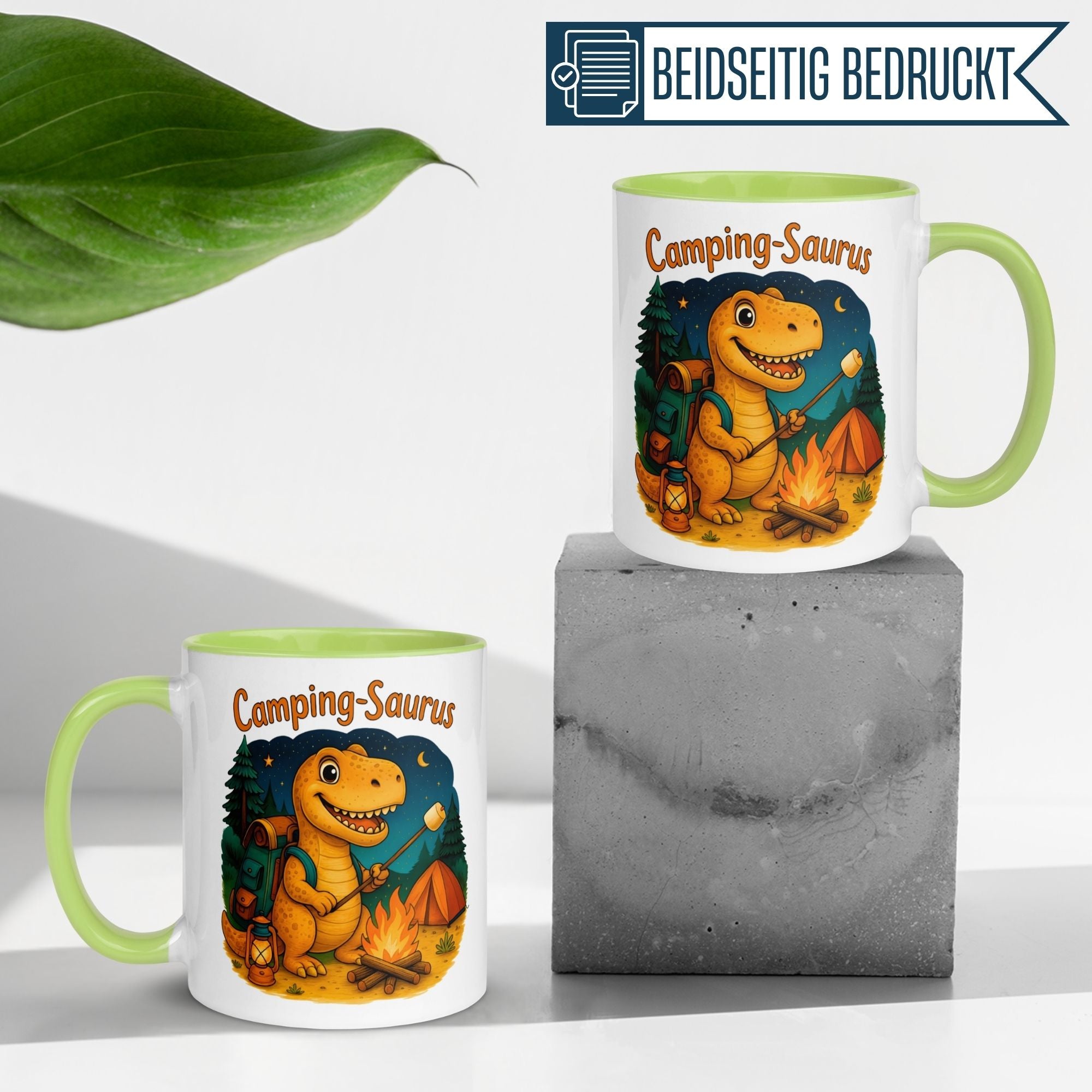 Tasse Dinosaurier – „Camping Saurus“ – Dino Geschenk Becher für Camper