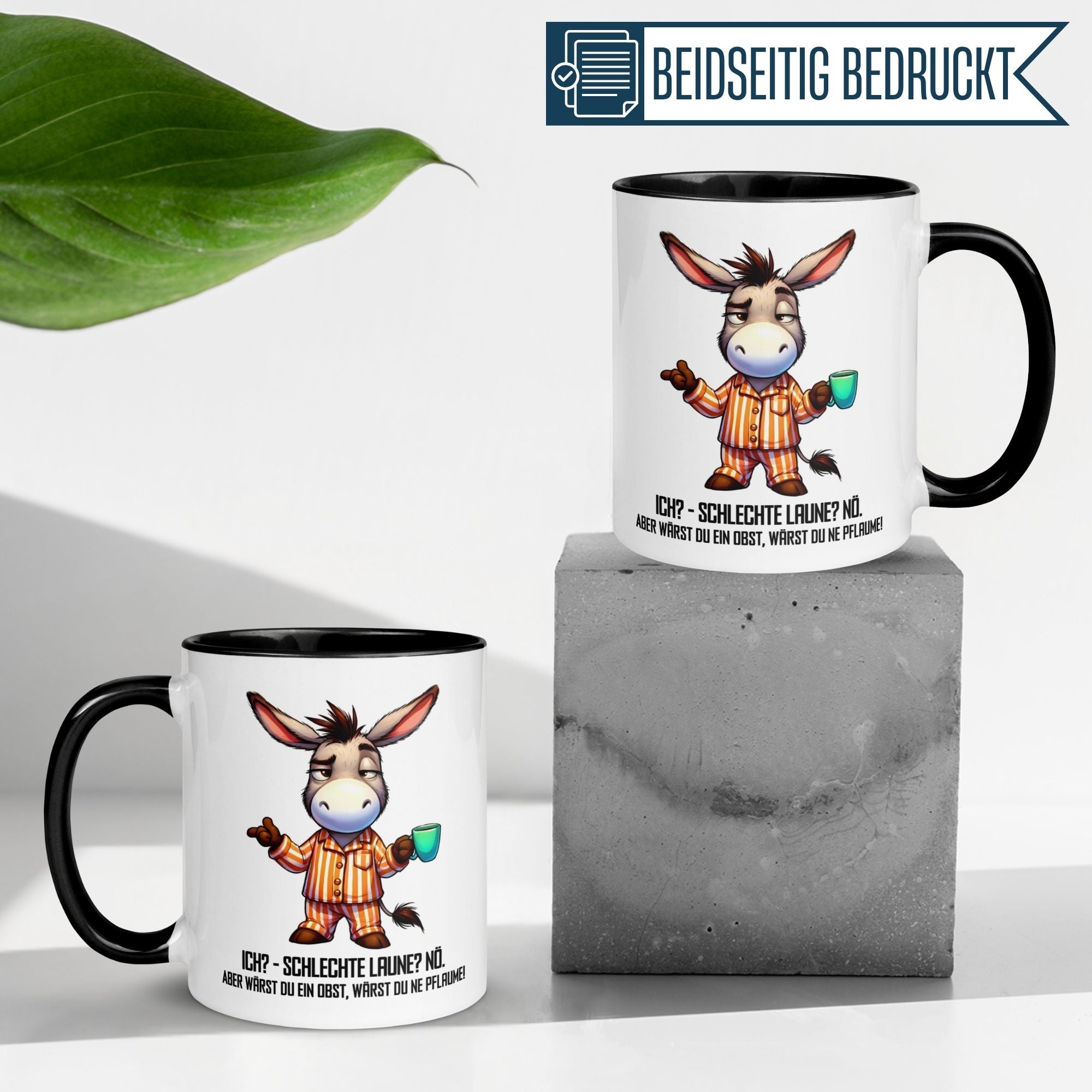 Momentals Tasse mit Esel-Motiv und Spruch für Morgenmuffel, ideal für humorvolle Kaffeepausen.