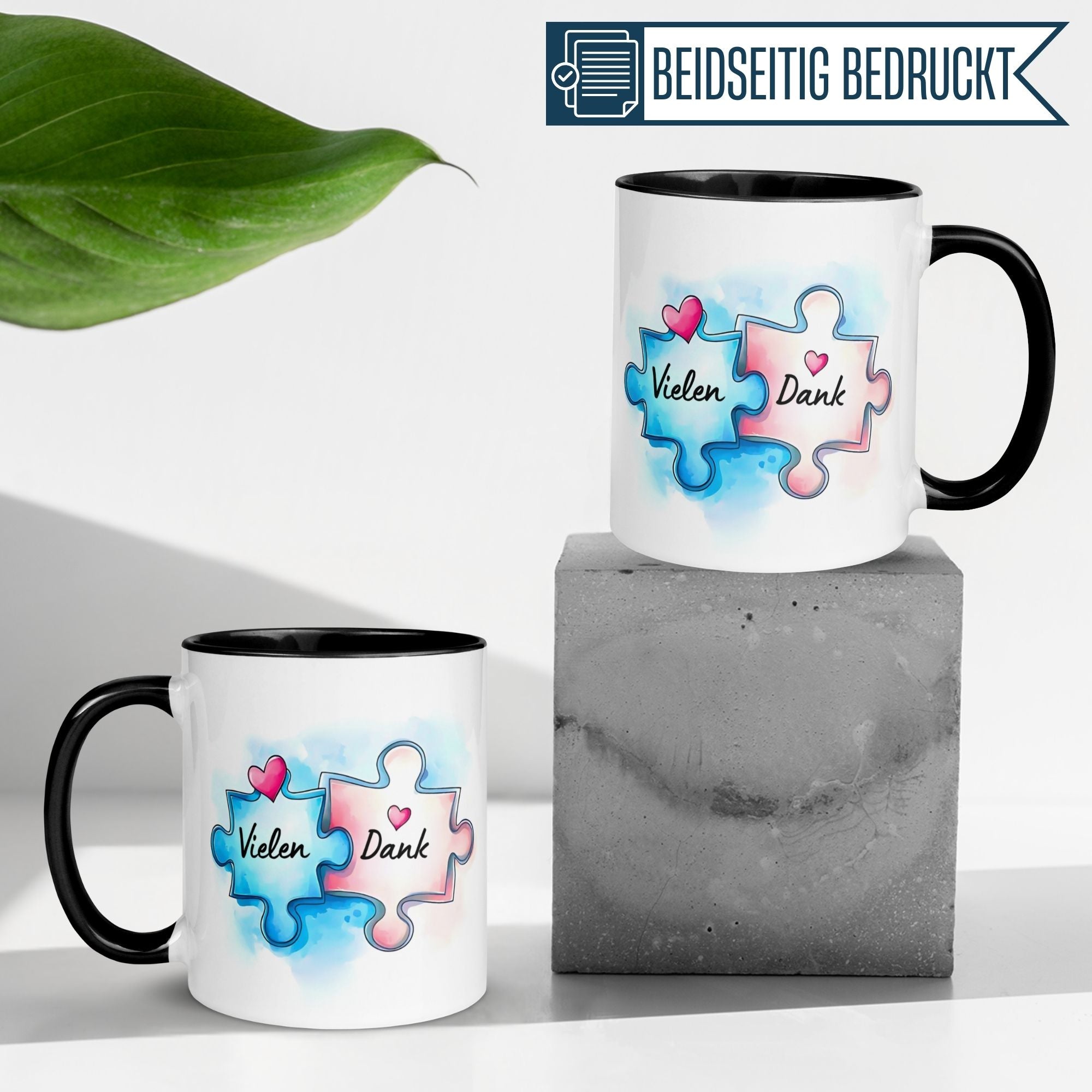 Momentals Tasse Danke mit Aquarell-Puzzle-Motiv, perfekt für Dankeschön-Geschenke und Wertschätzung in Kaffeepausen.