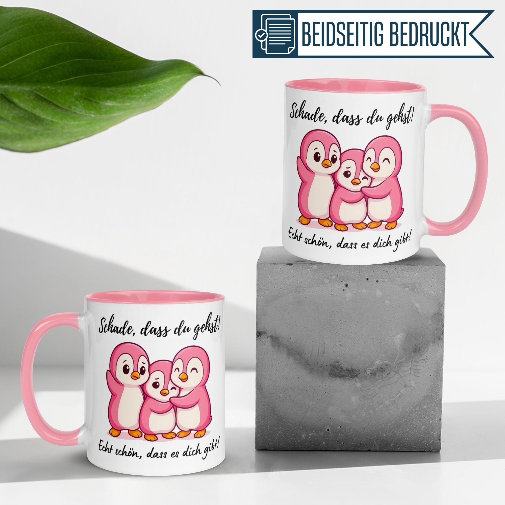 Momentals Tasse mit rosa Pinguinen und Spruch "Schade, dass du gehst!" für herzliches Dankeschön.