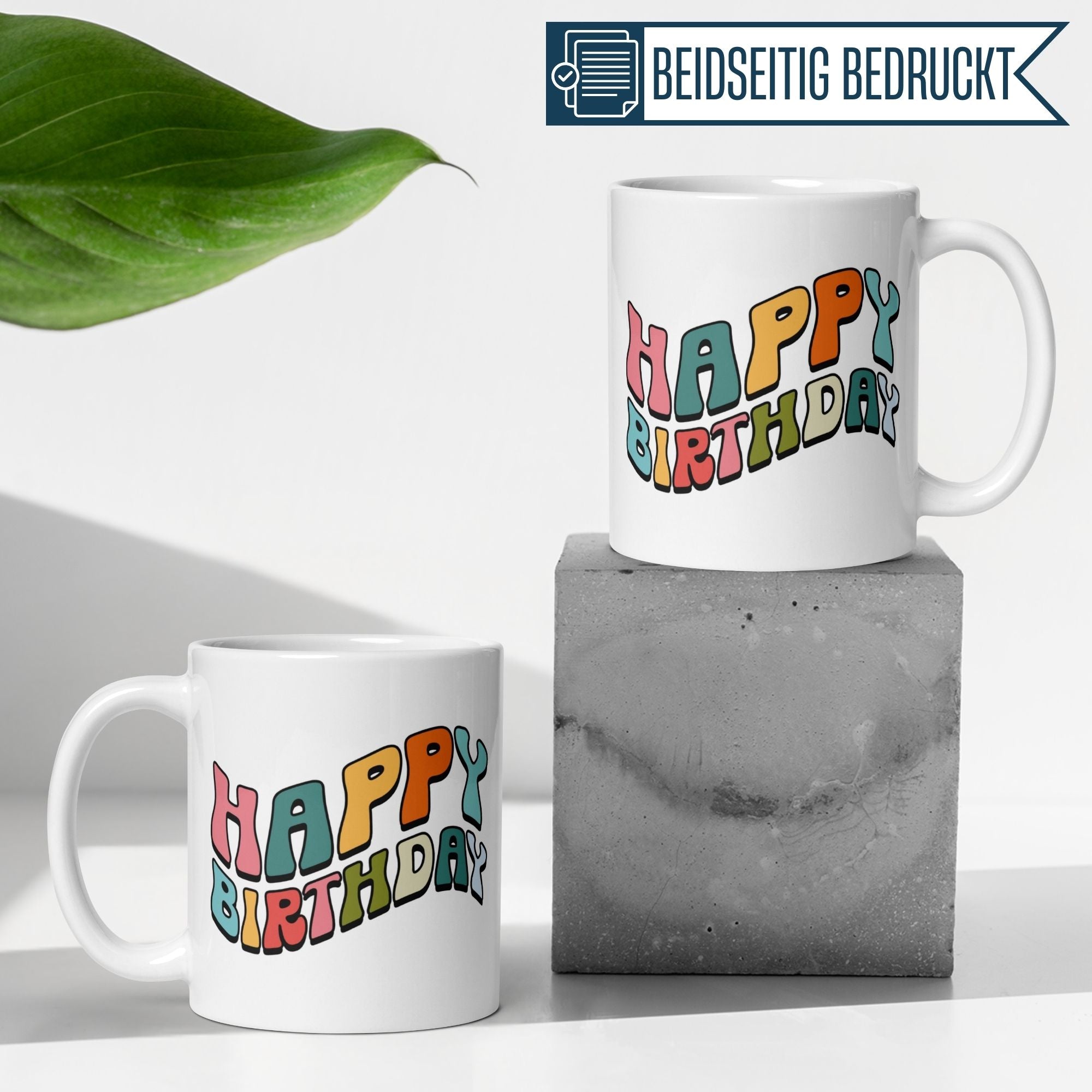 Colorful retro happy birthday mugs showcasing 70s style in a vibrant design on a modern display.