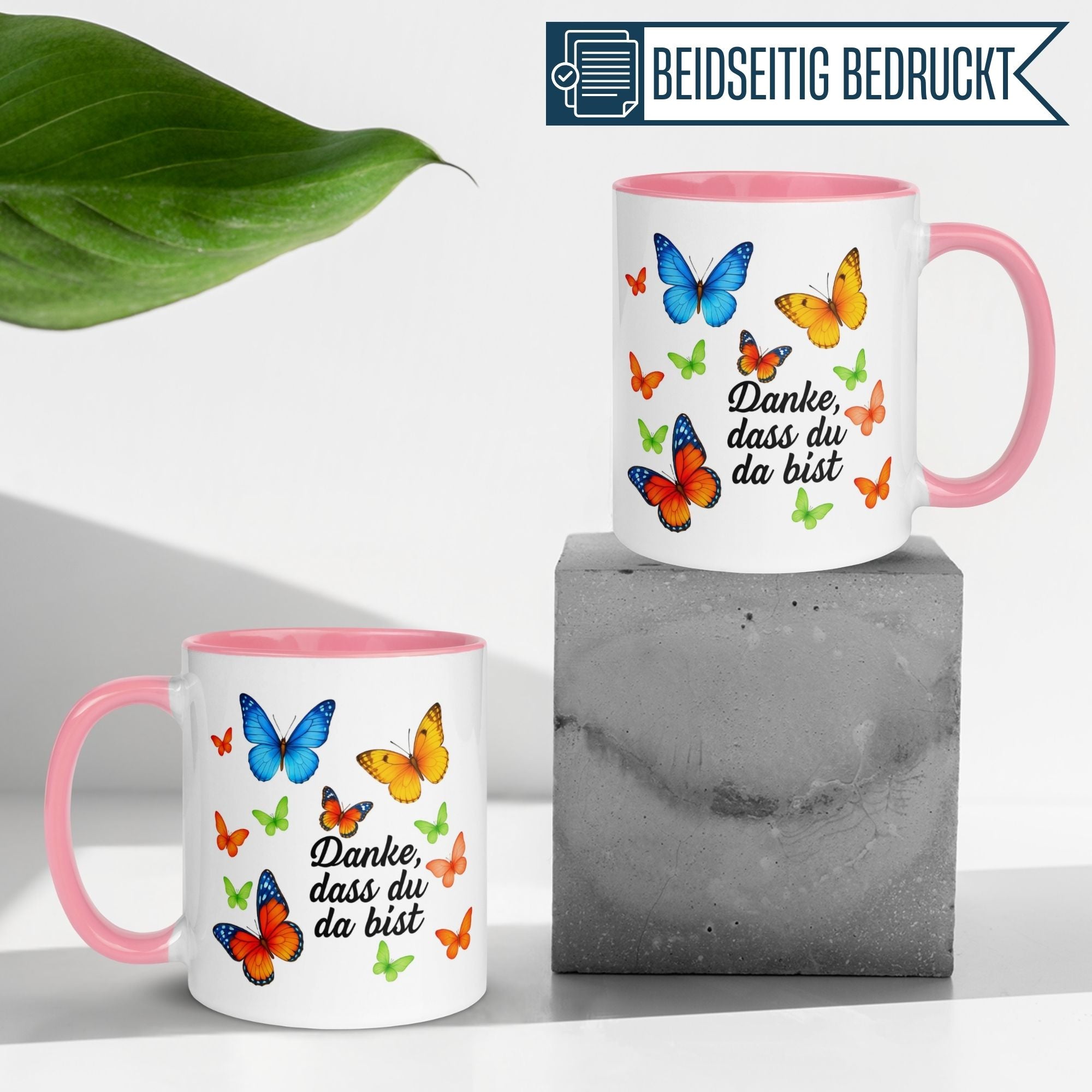 Momentals Tasse Dankeschön mit bunten Schmetterlingen und der Aufschrift "Danke, dass du da bist"