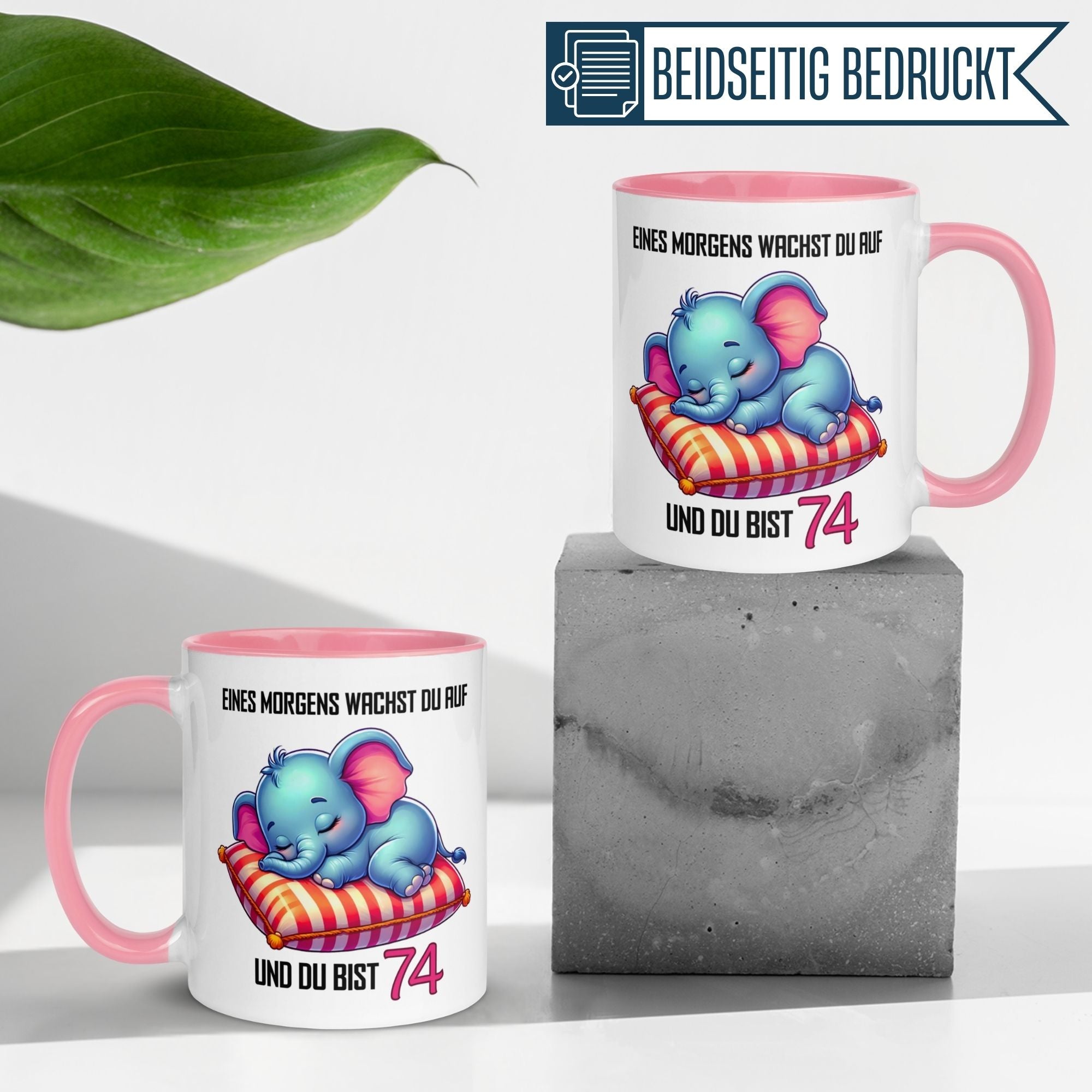 Momentals® Tasse zum 74. Geburtstag mit Elefant und dem Spruch "Eines Morgens wachst du auf".