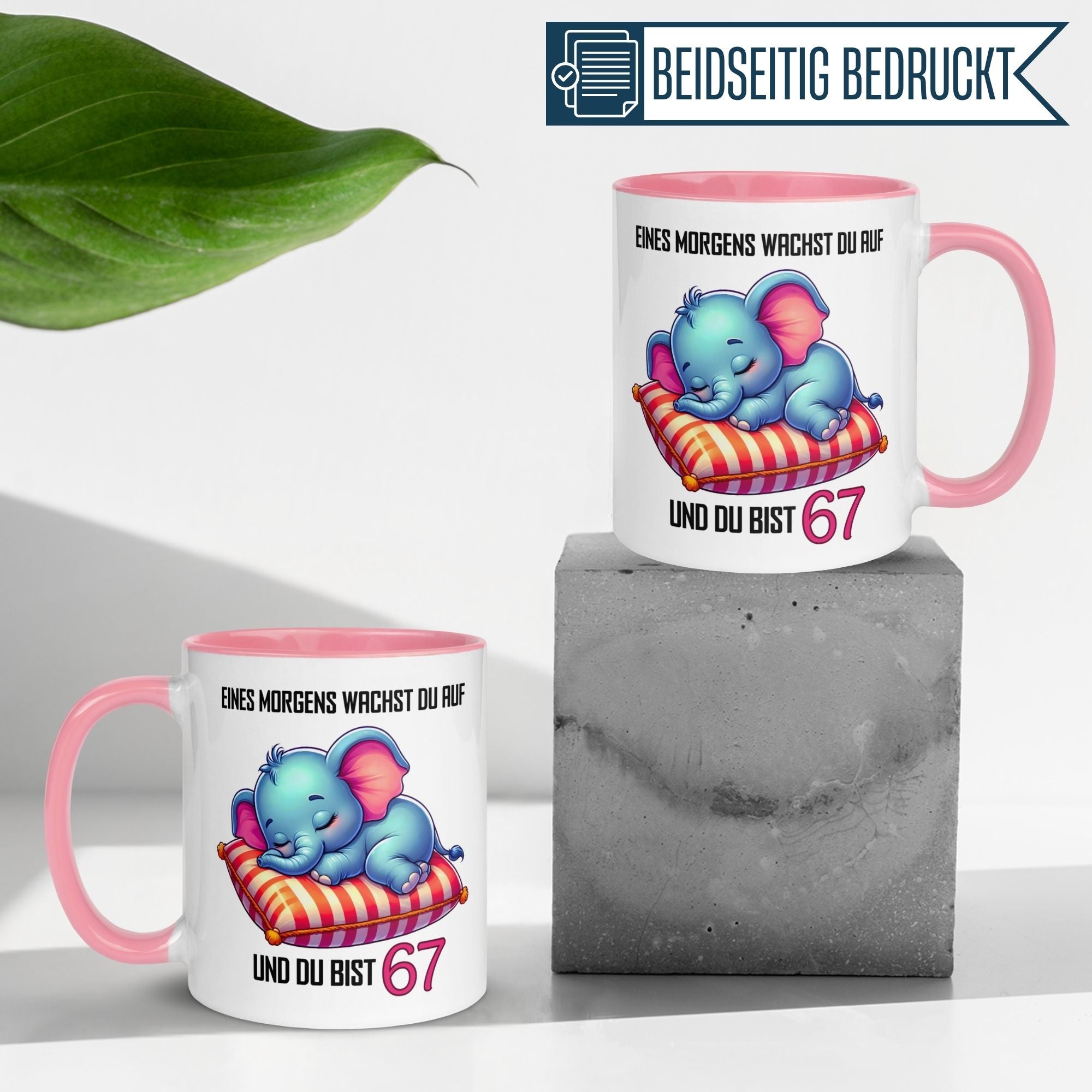 Momentals 67. Geburtstagstasse mit Elefant und Spruch "Eines Morgens wachst du auf und du bist 67".