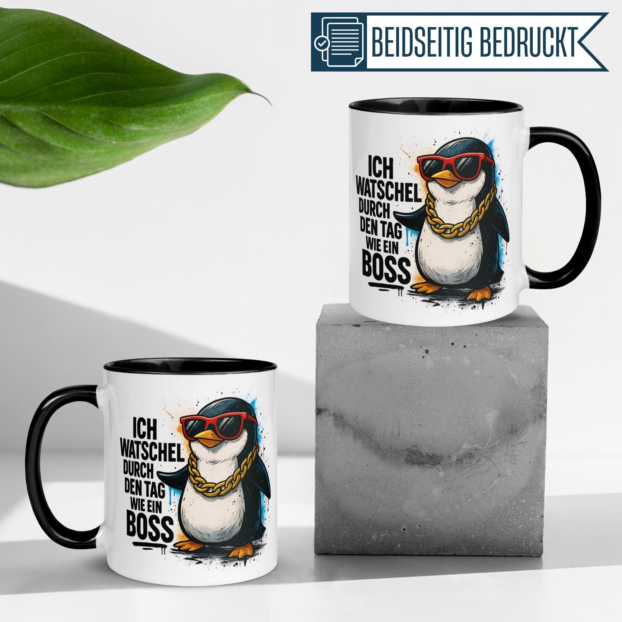 Tasse Pinguin – „Ich watschel durch den Tag wie ein Boss“ – lustiger Geschenk Becher