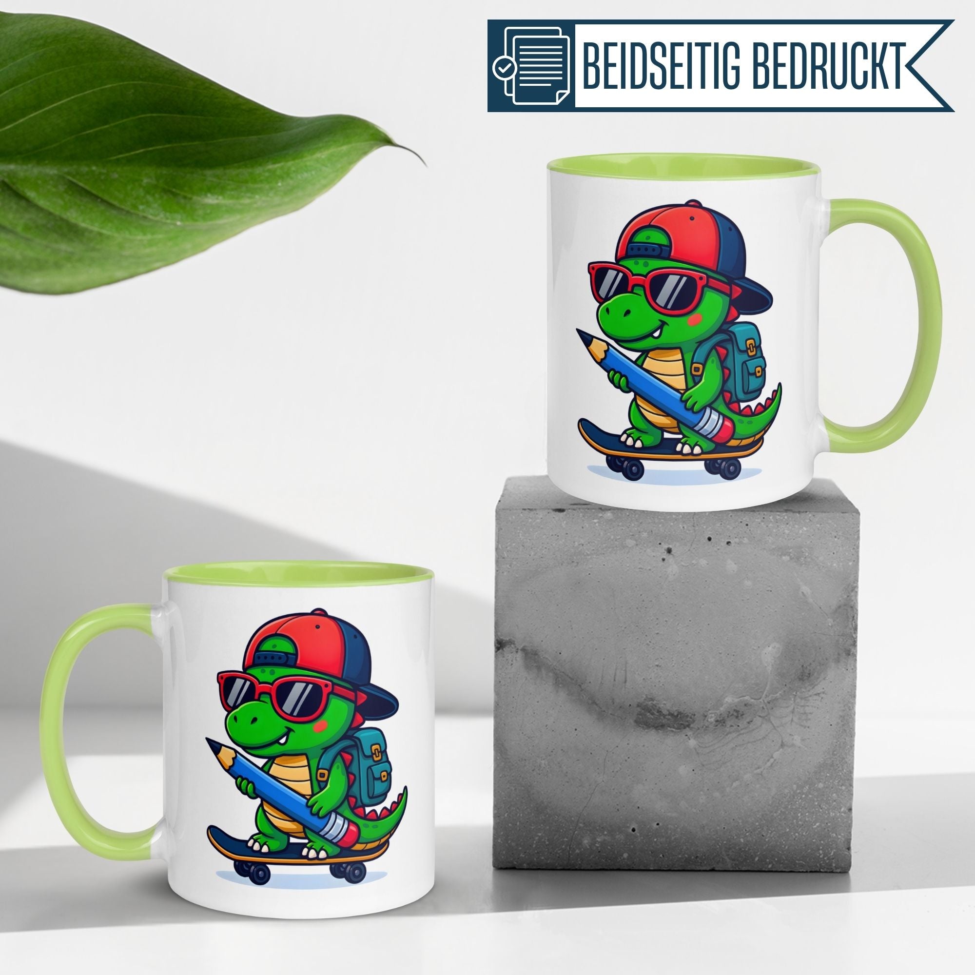 Dino Tasse | Cooler Dinosaurier auf Skateboard mit Bleistift