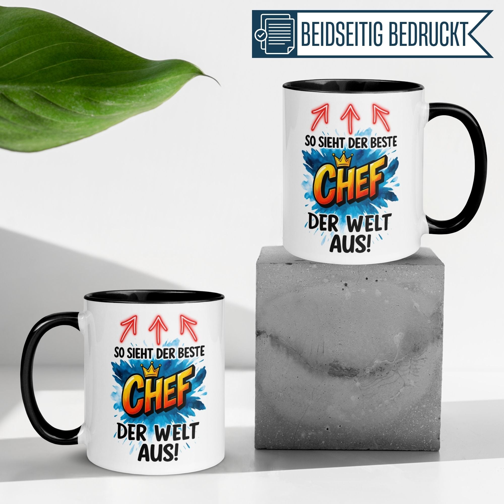 Charmante Momentals Tasse für den besten Chef der Welt mit buntem Design und humorvollem Spruch.