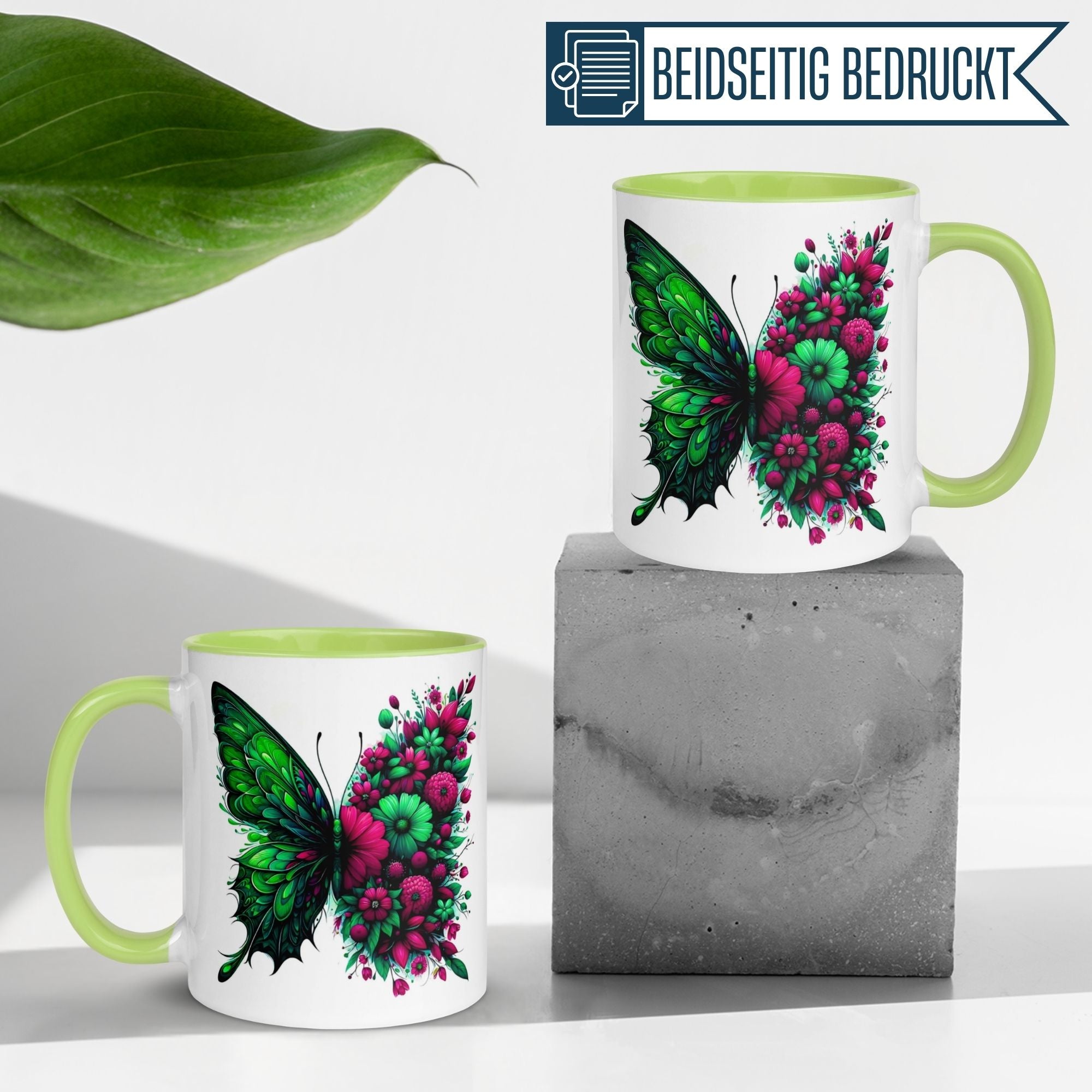 Tasse Schmetterling – „Blütendesign in Smaragdgrün“ – Geschenk mit Schmetterlingen