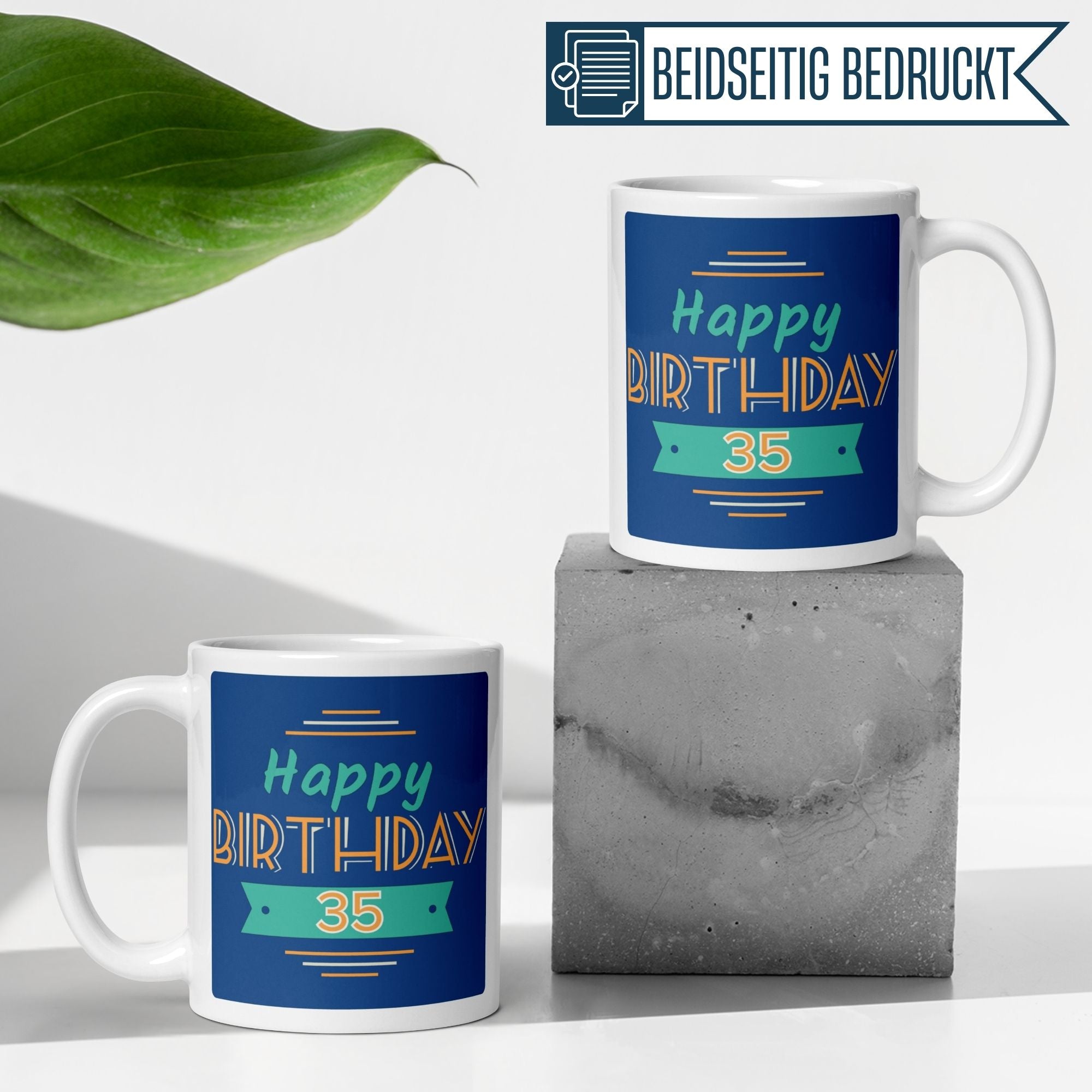Farbenfrohe Tasse mit „Happy Birthday 35“ für einen besonderen Geburtstag, ideal für den Frühstückstisch.