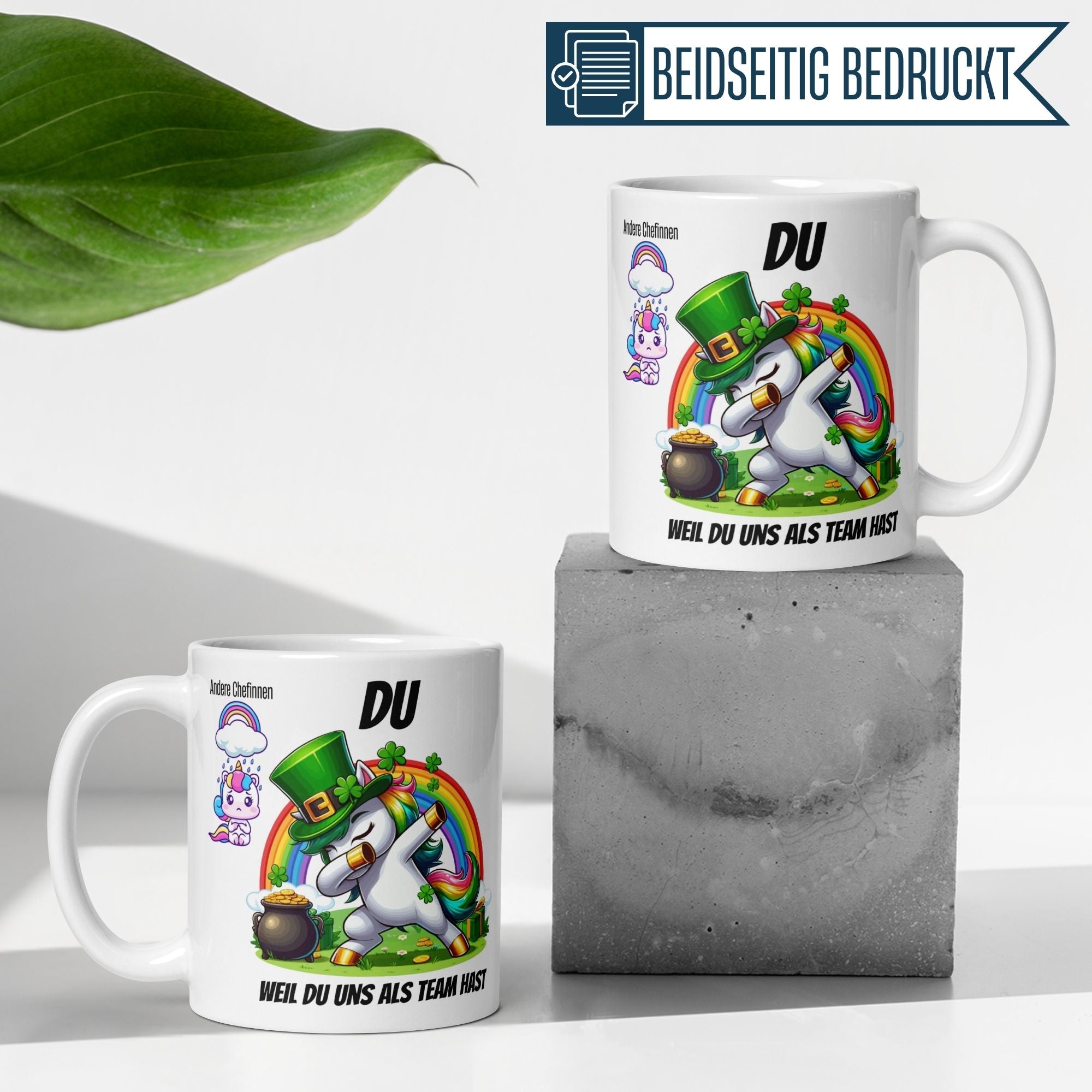 Momentals Tasse Chefin mit Einhorn, Kleeblättern und humorvollem Spruch für Chefinnen.