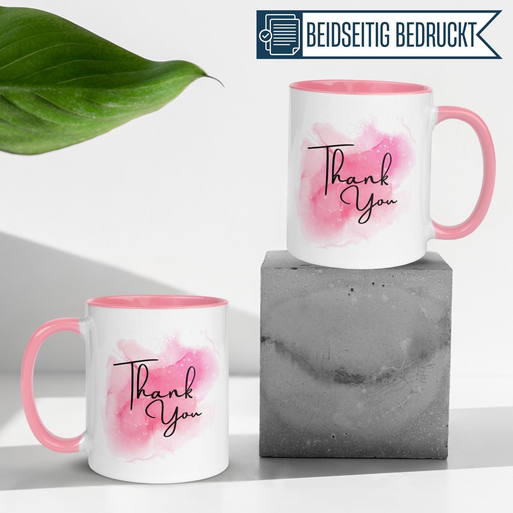Momentals Tasse Dankeschön mit Aquarell-Motiv in Rosa, perfekt für Kaffeepausen und Wertschätzung.