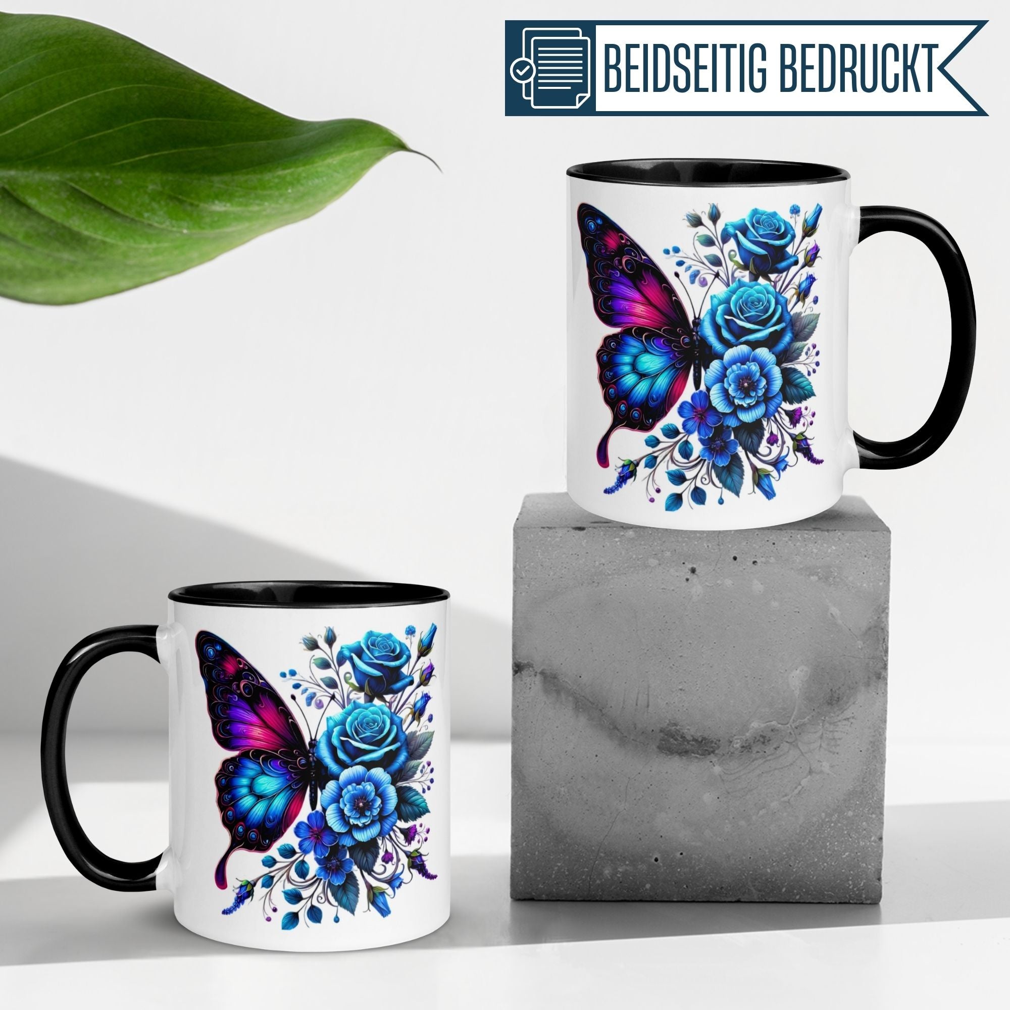 Tasse | Schmetterling & Rosen | Elegantes blaues Blütendesign mit Farbverlauf