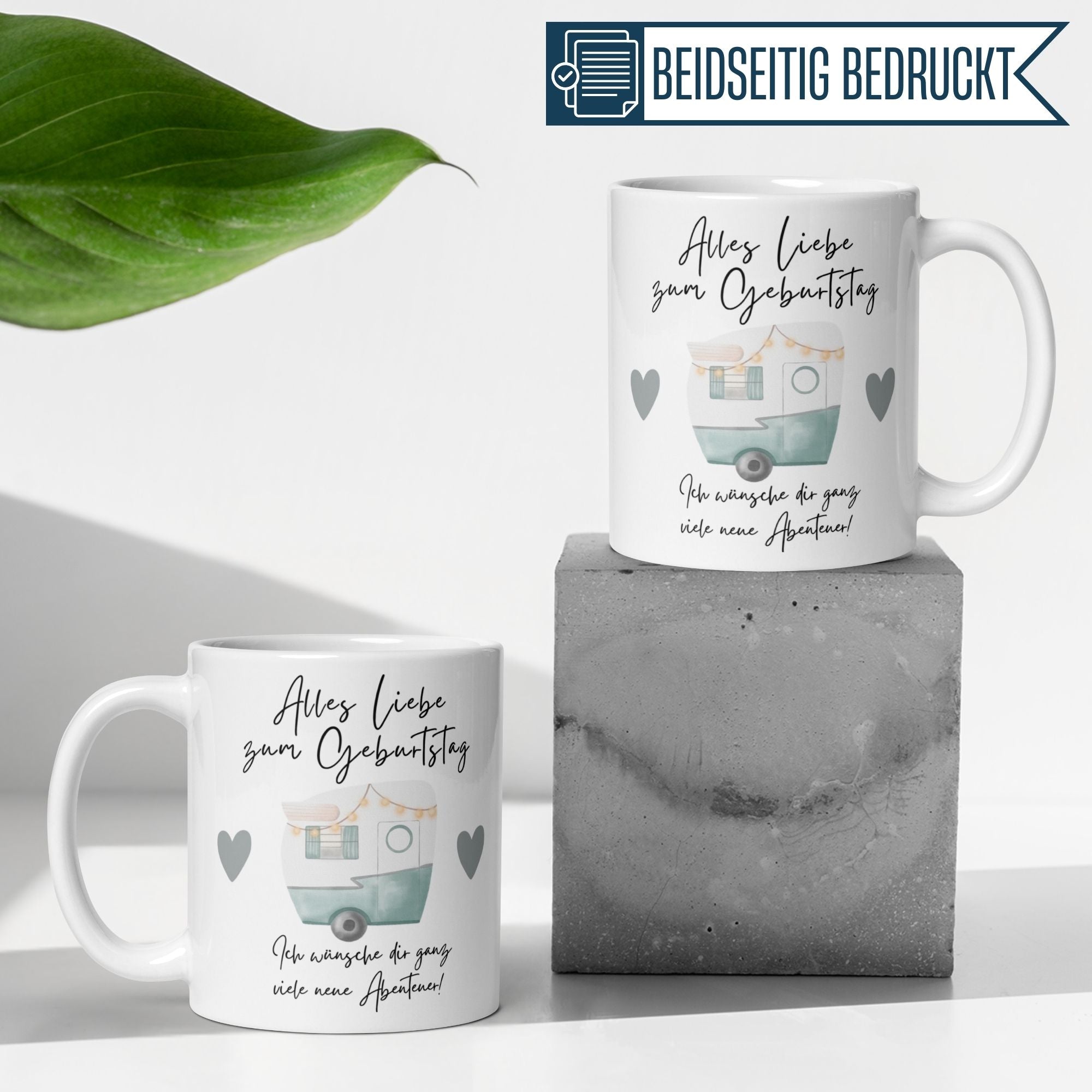 Momentals® Geburtstagstasse mit Campingmotiv und liebevollen Wünschen, perfekt für Kaffeeliebhaber.