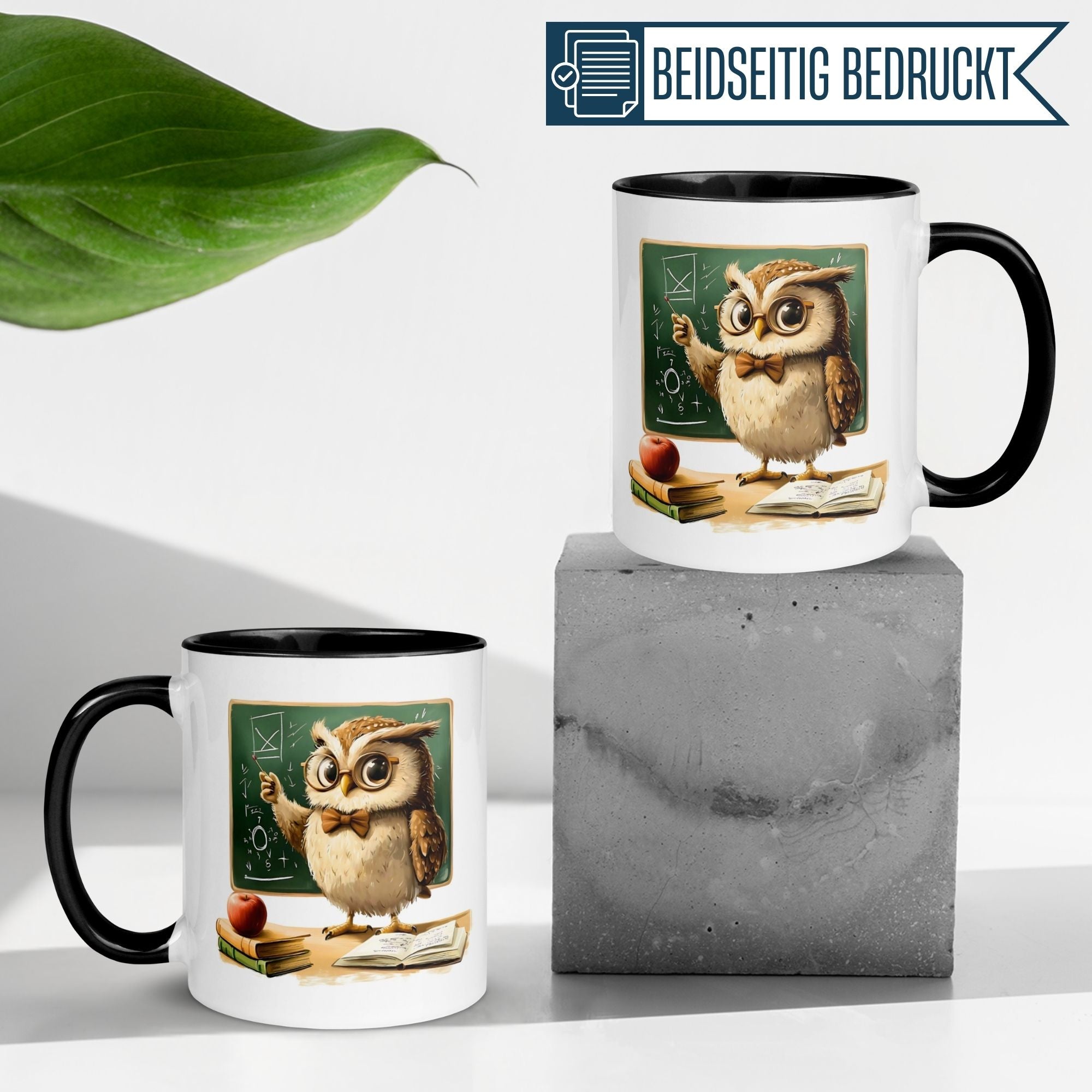 Momentals Tasse mit Eule und Tafel, perfekt für Lehrer und Bildungsfans – charmant und lehrreich.
