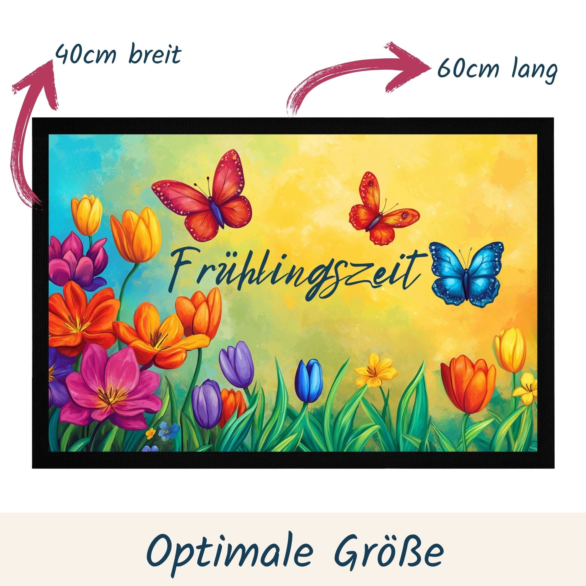 Vibrant momentals® Fußmatte "Frühlingszeit" mit Blumen und Schmetterlingen, 60x40cm, rutschfest.