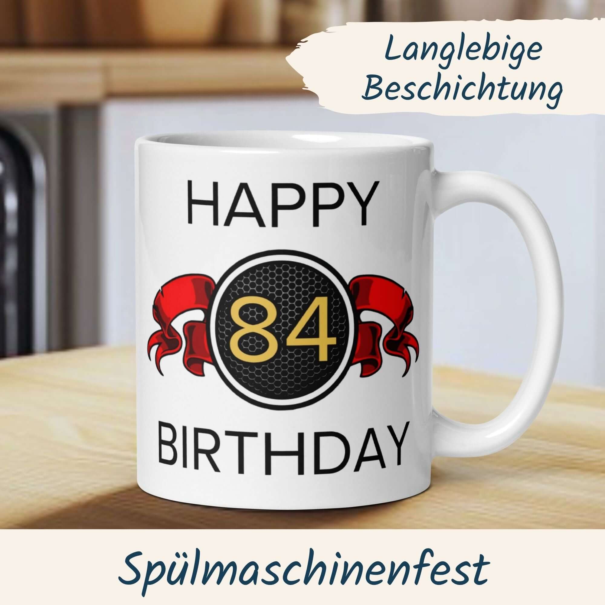 Hochwertige Tasse zum 84. Geburtstag mit rotem Schleifen-Design und "Happy Birthday"-Schriftzug.