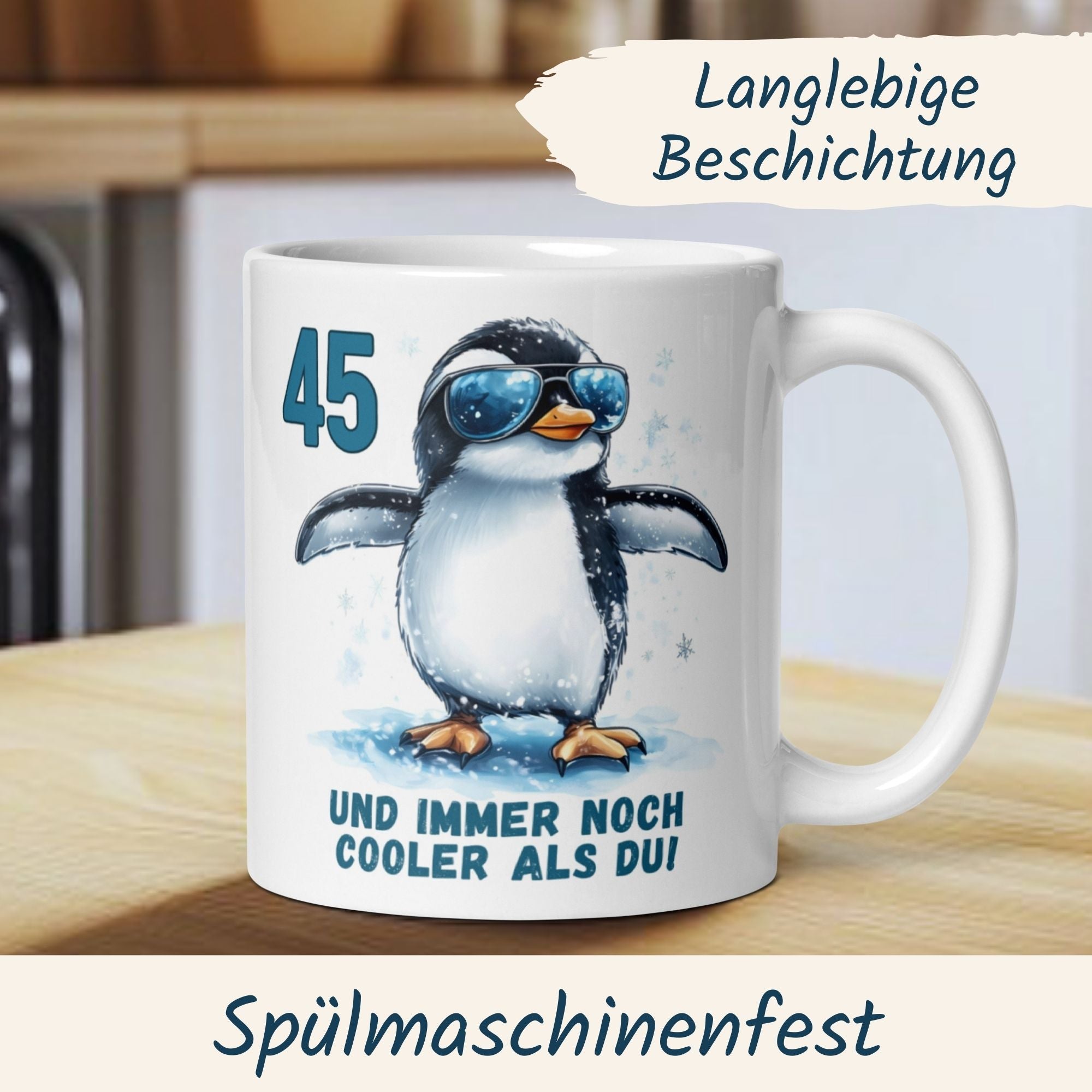 Momentals® Tasse 45. Geburtstag | Pinguin & Spruch | 45 und immer noch cooler als du • Momentals