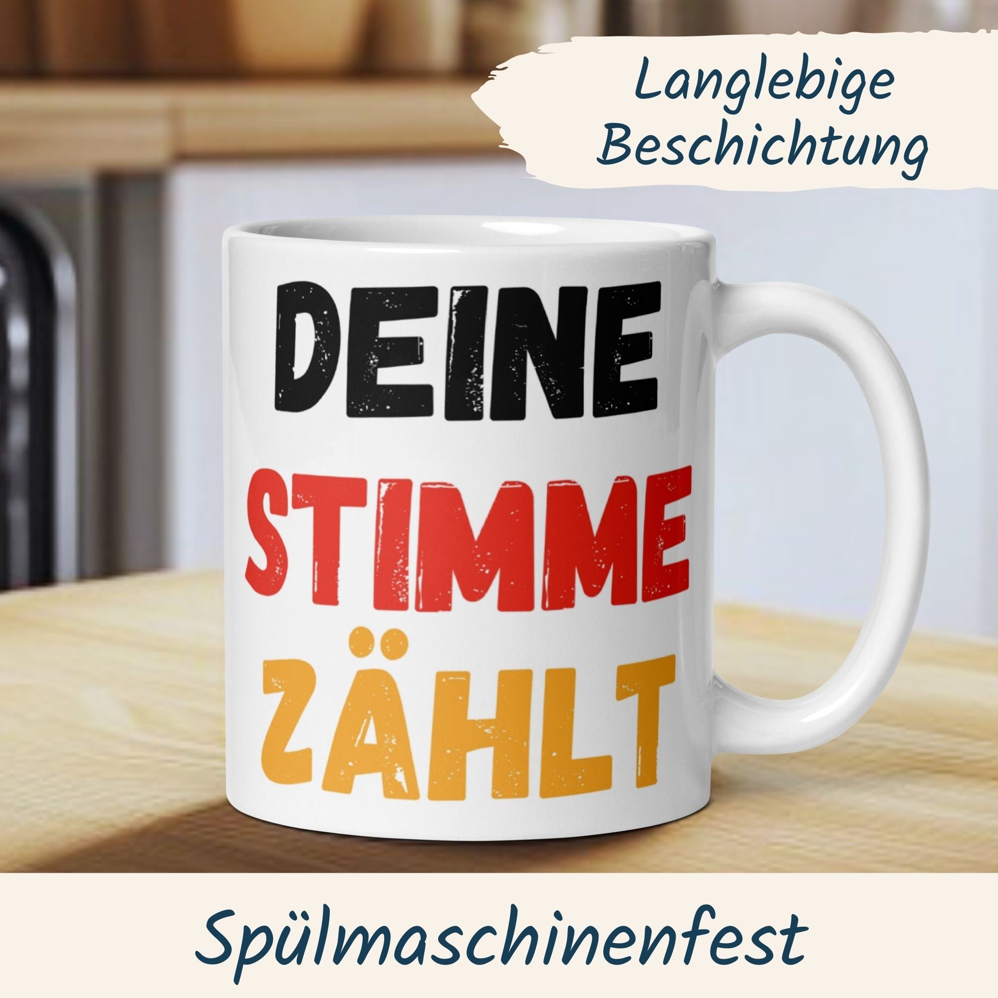 Momentals® Tasse mit dem Spruch "Deine Stimme zählt" in Schwarz-Rot-Gold, spülmaschinenfest.
