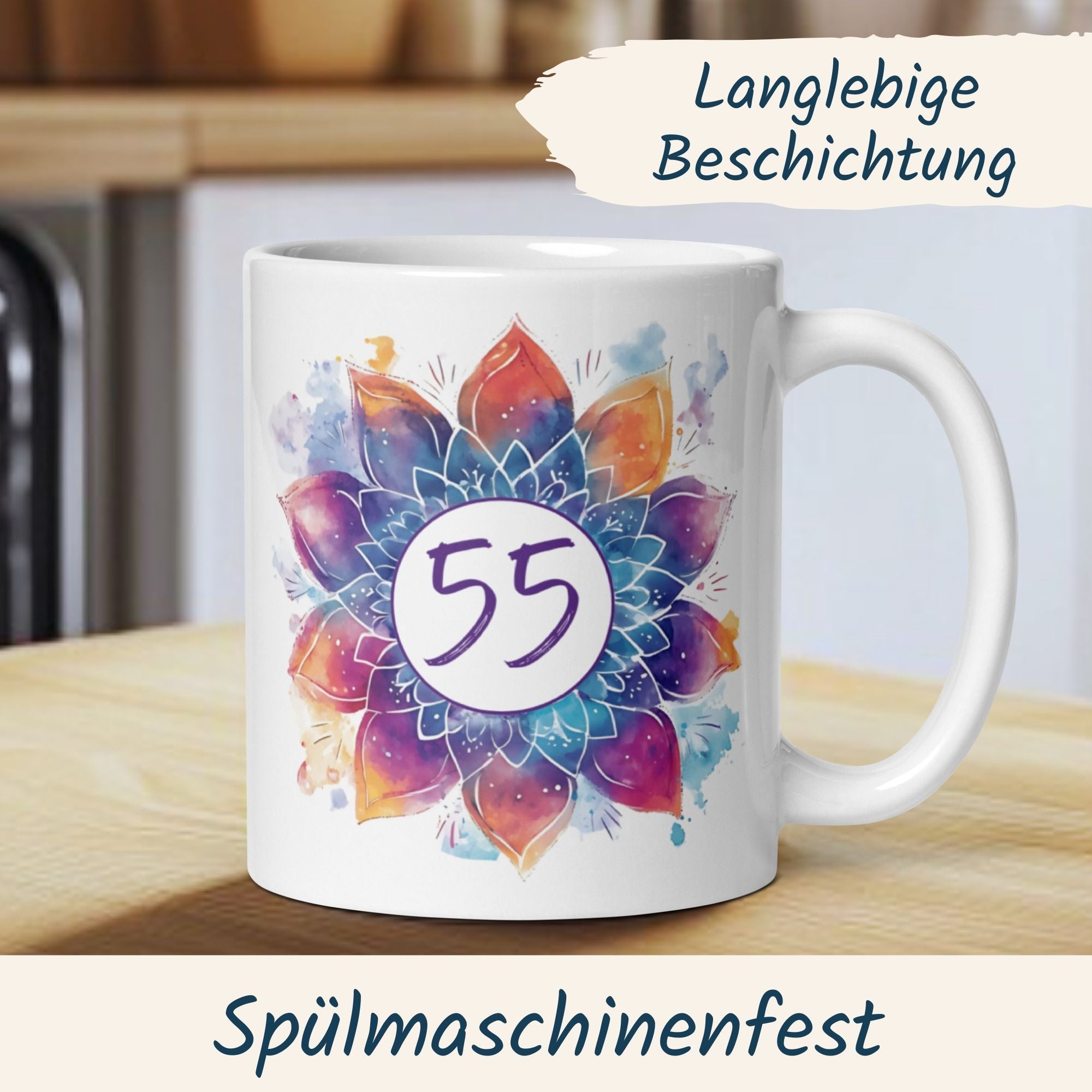 Farbenfrohe Mandala Tasse mit der Zahl 55, spülmaschinenfest und langlebig für den 55. Geburtstag.