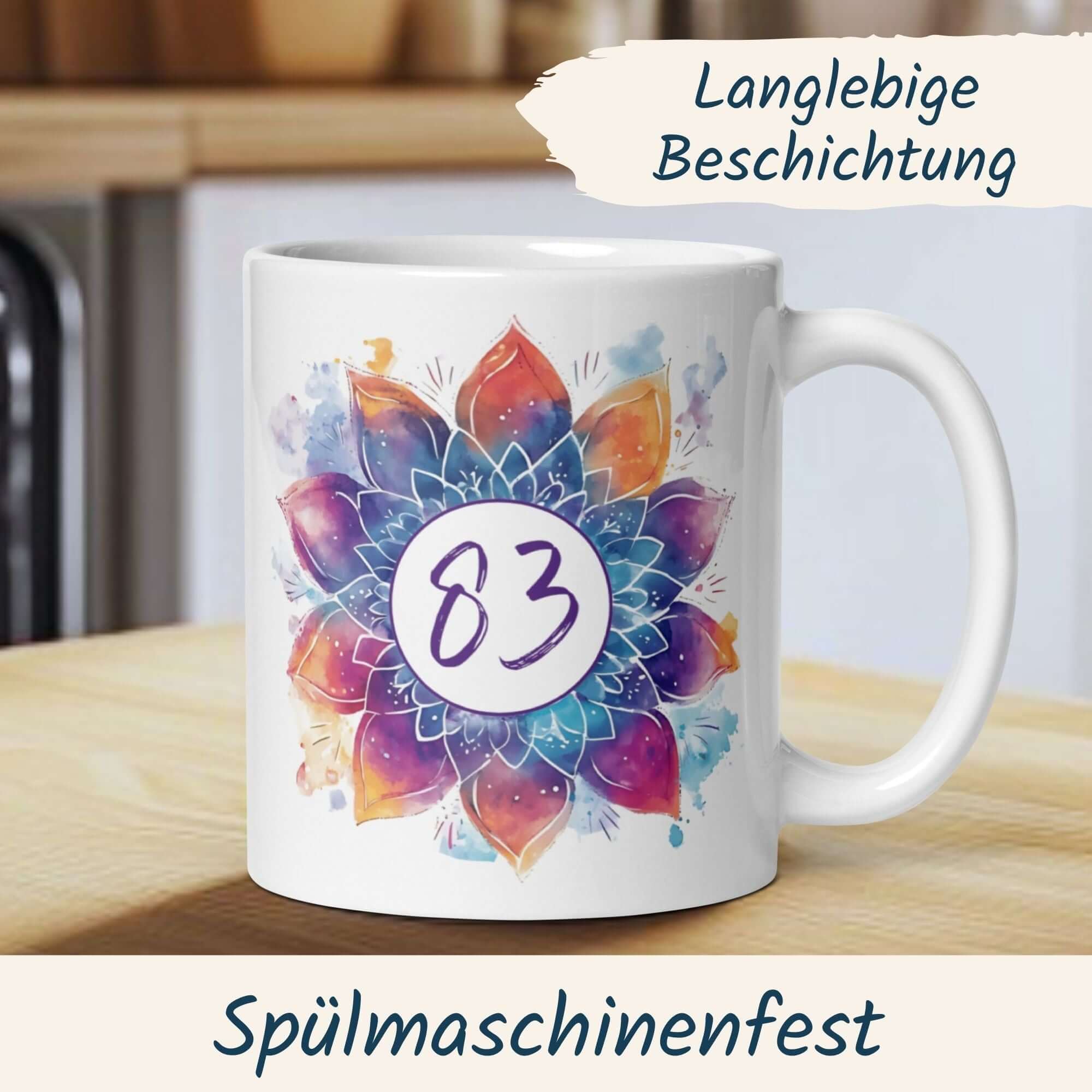 Bunte Mandala-Tasse zum 83. Geburtstag, spülmaschinengeeignet, hochwertige Keramik mit langlebigem Druck.