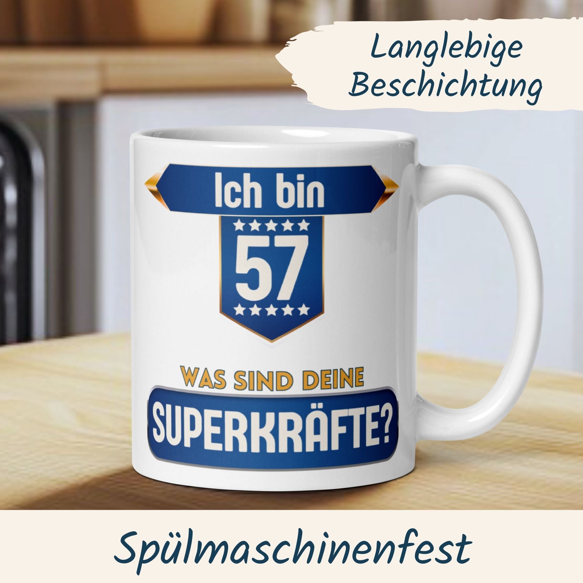 Momentals® Tasse 57. Geburtstag | Superheld & Spruch | Ich bin 57 und was ist deine Superkraft • Momentals