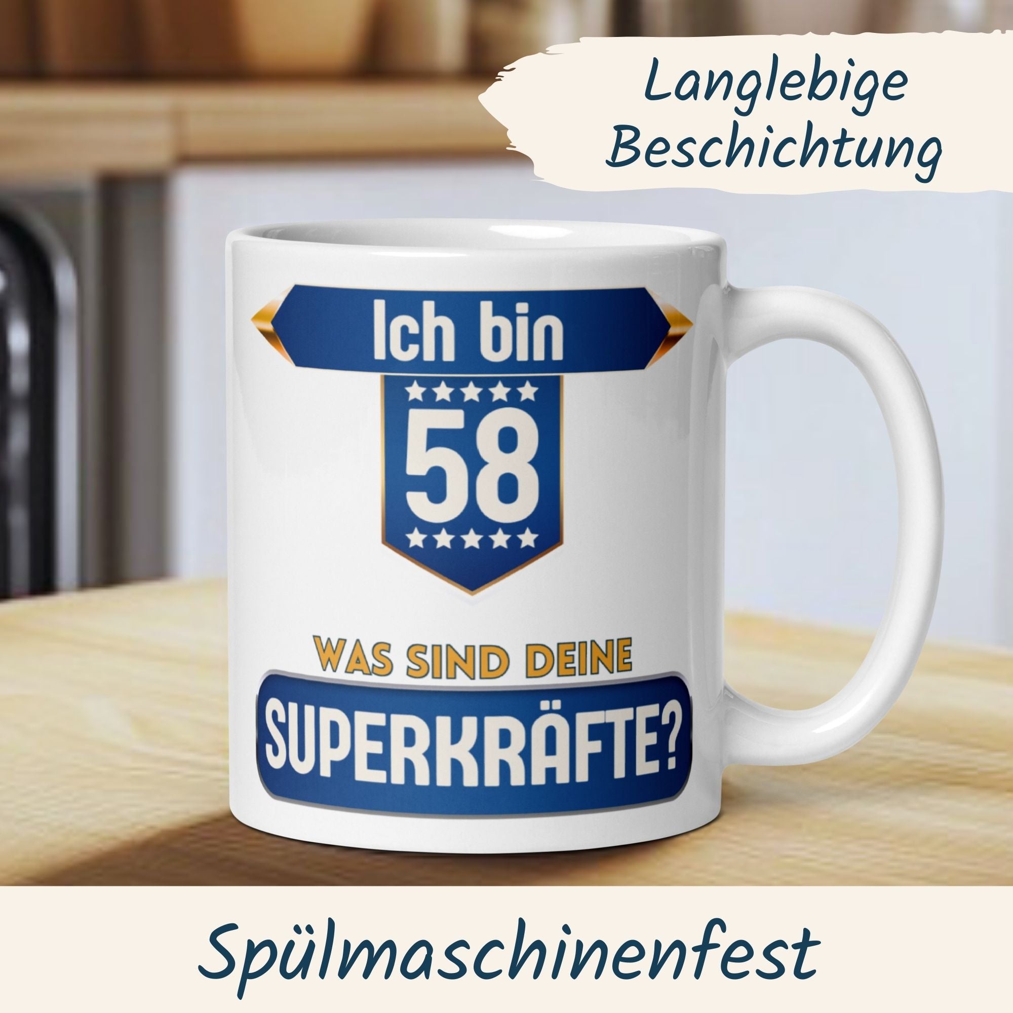 Momentals® Tasse 58. Geburtstag | Superheld & Spruch | Ich bin 58 und was ist deine Superkraft • Momentals