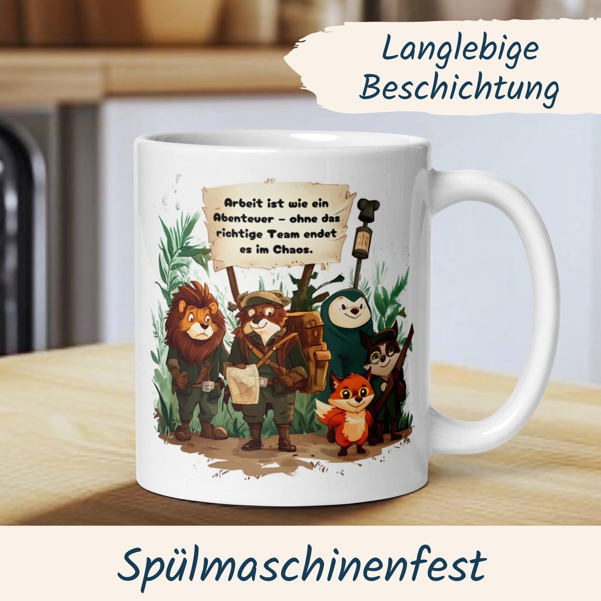 Humorous Teamwork mug with animal characters and motivational quote for office adventures.