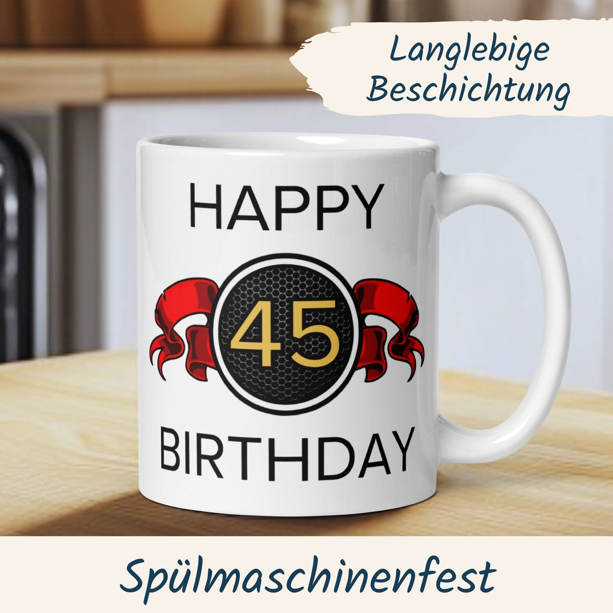Momentals® Tasse 45. Geburtstag | Wappen & Spruch | Happy Birthday mit roter Schleife • Momentals