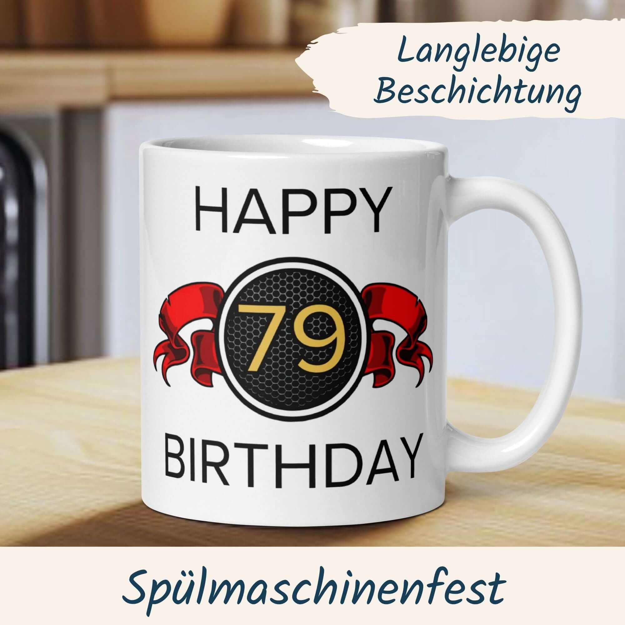 Momentals® Tasse für 79. Geburtstag mit Wappen, roter Schleife und Happy Birthday Schriftzug.