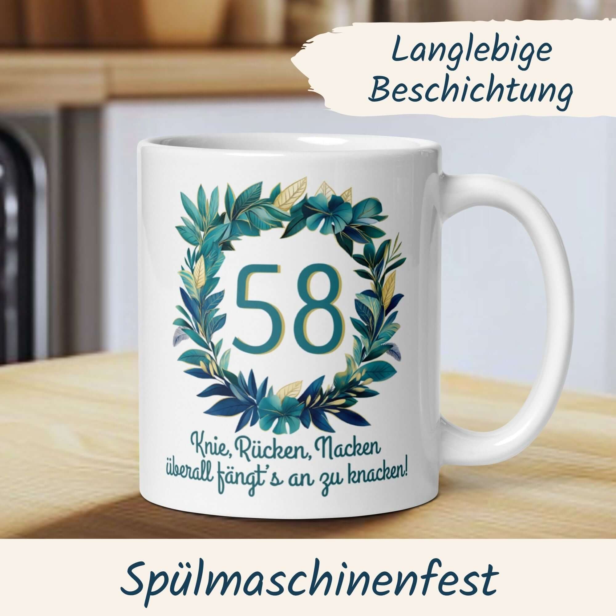 Momentals® Tasse 58. Geburtstag | Kranz & Spruch | Knie Rücken Nacken - überall fängts an zu knacken • Momentals