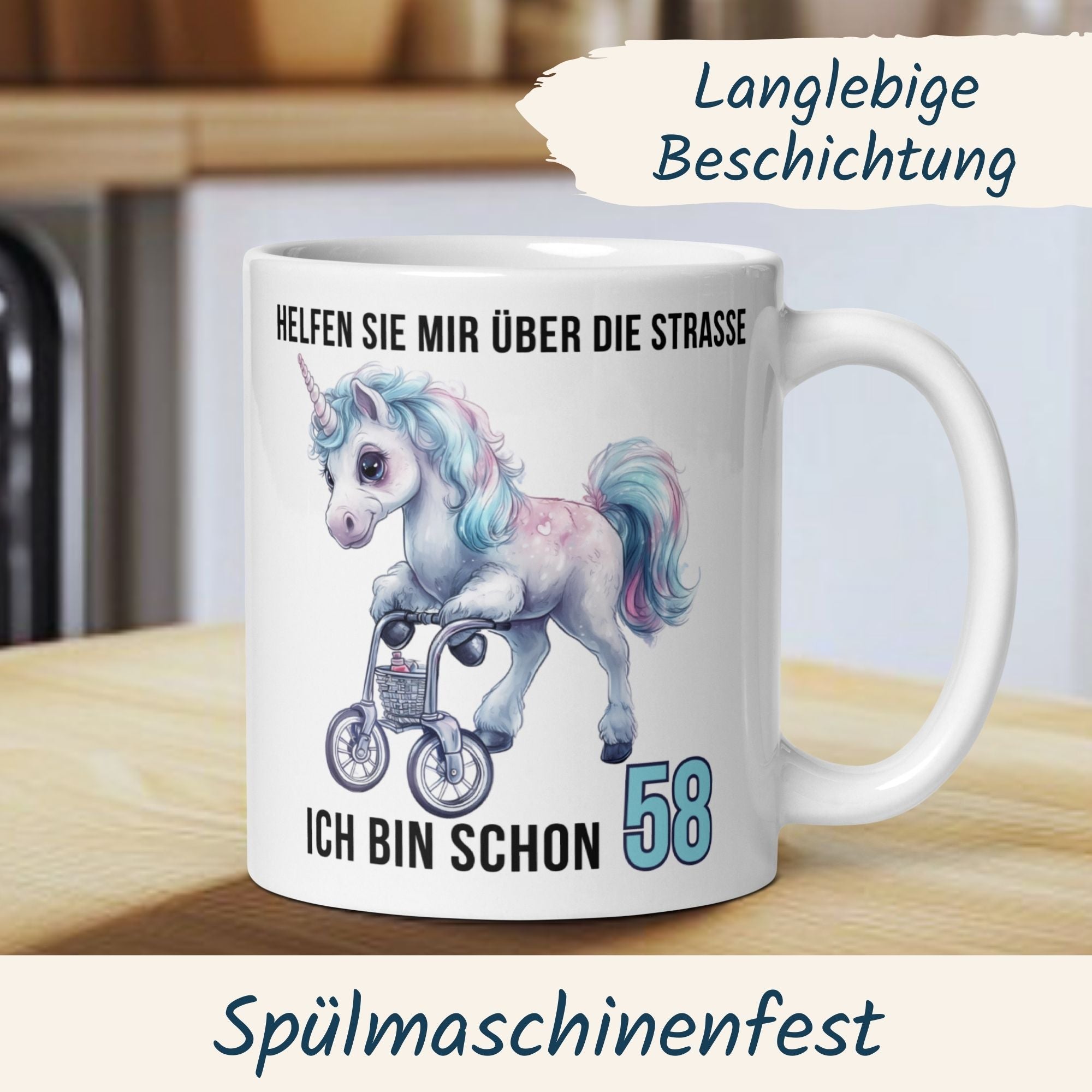 Momentals® Tasse 58. Geburtstag | Einhorn & Spruch | Helfen Sie mir über die Straße ich bin schon 58 • Momentals