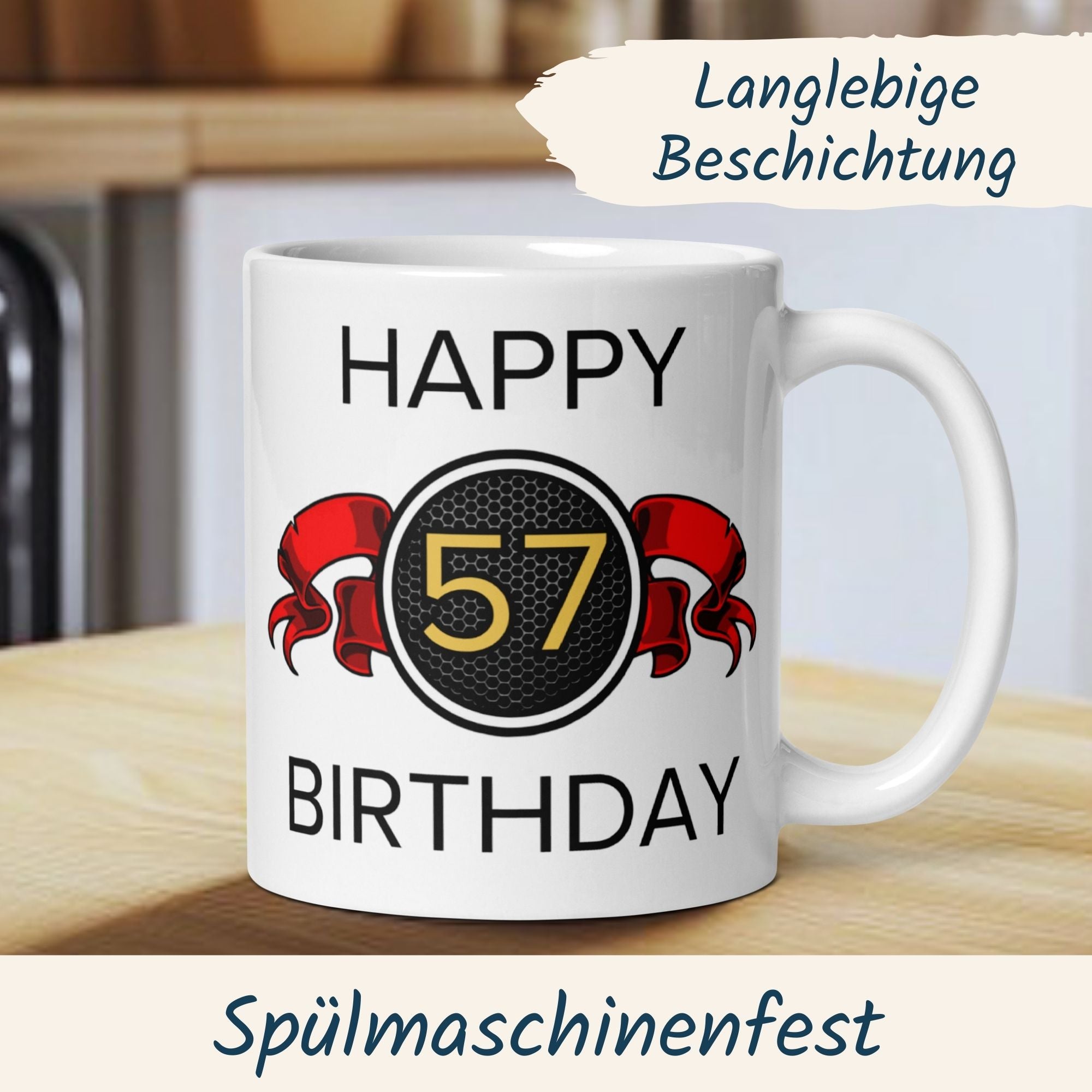Momentals® Tasse 57. Geburtstag | Wappen & Spruch | Happy Birthday mit roter Schleife • Momentals