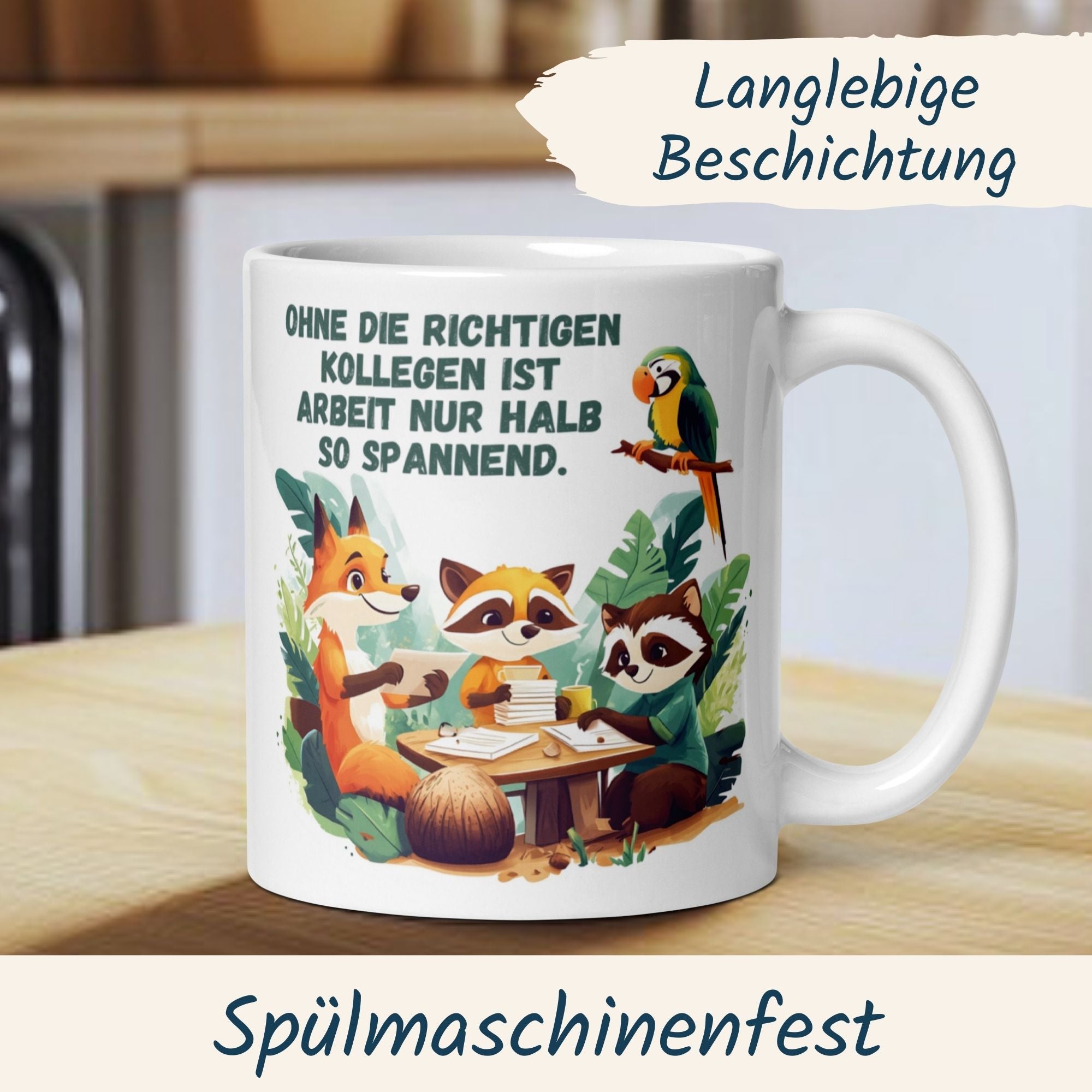 Humorvolle Teamwork Tasse mit Tieren und Spruch für Büro, spülmaschinenfest und langlebig.