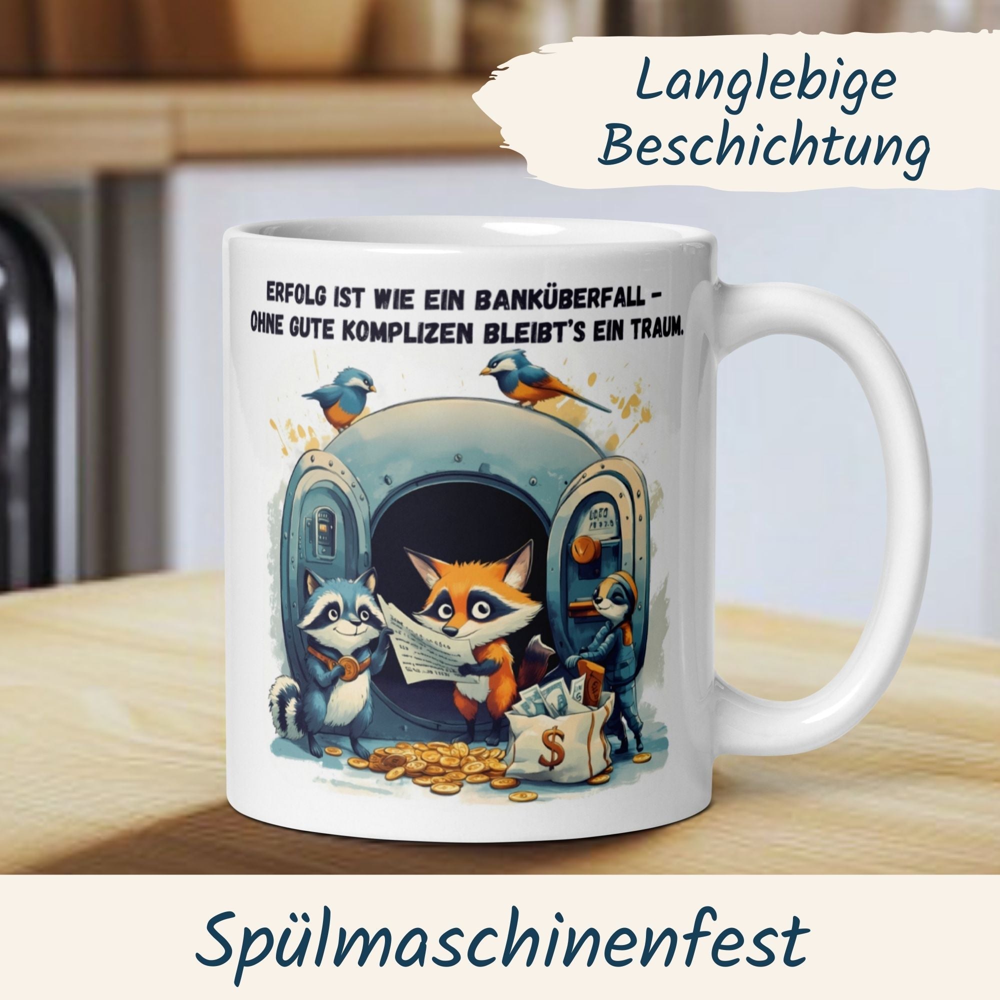 Humorvolle Momentals Tasse Teamwork mit tierischen Komplizen und Spruch über Erfolg, ideal fürs Büro.