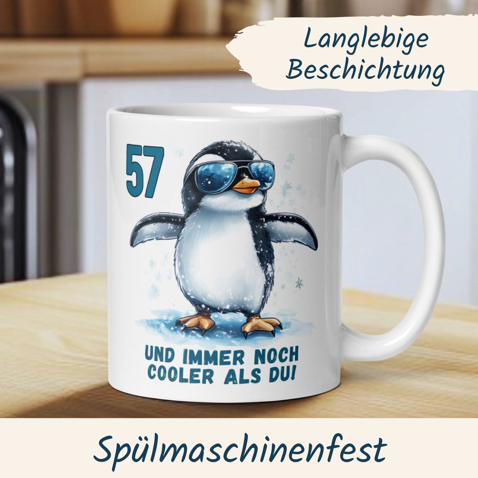 Momentals® Tasse 57. Geburtstag | Pinguin & Spruch | 57 und immer noch cooler als du • Momentals