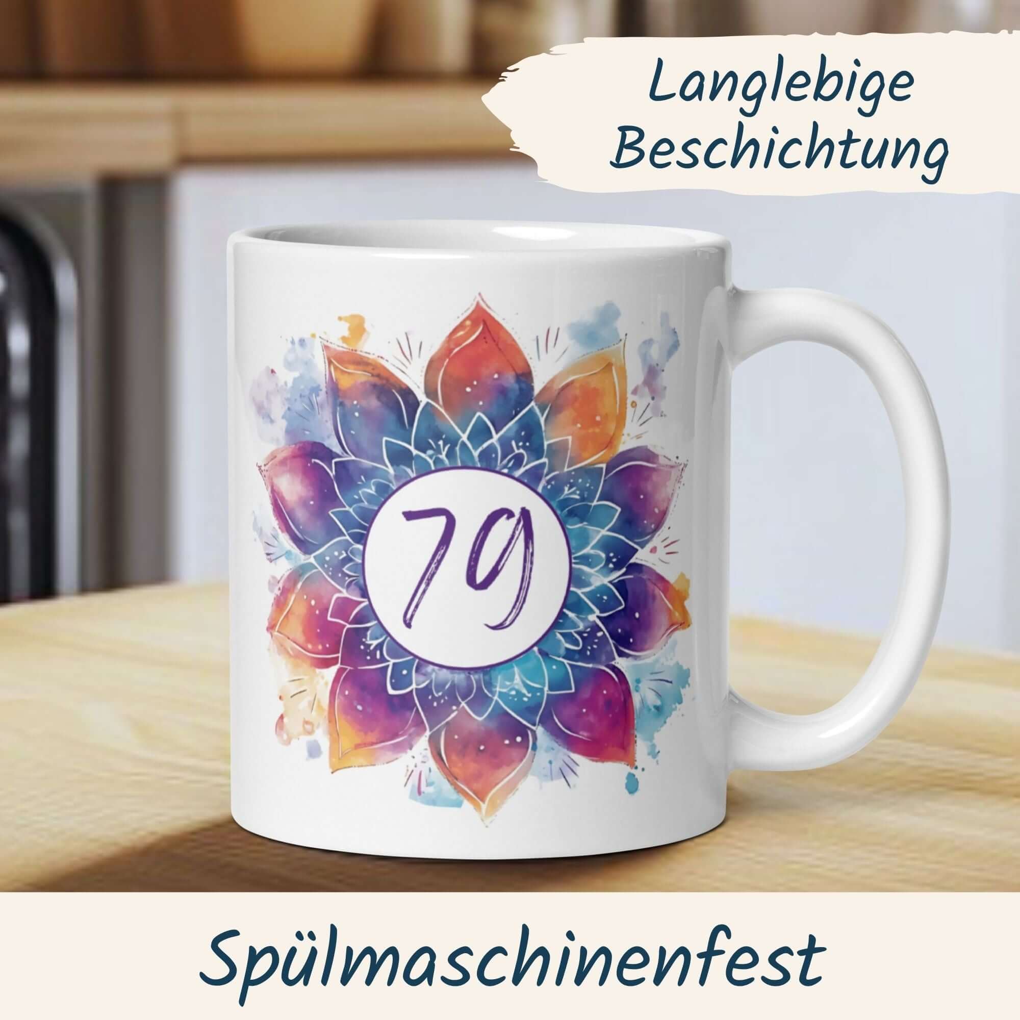 Momentals® Tasse 79. Geburtstag | Mandala Motiv | Farbenfrohes Muster mit Alterszahl • Momentals