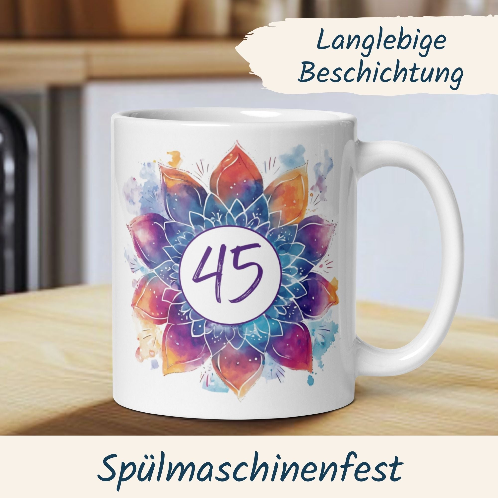 Momentals® Tasse 45. Geburtstag | Mandala Motiv | Farbenfrohes Muster mit Alterszahl • Momentals