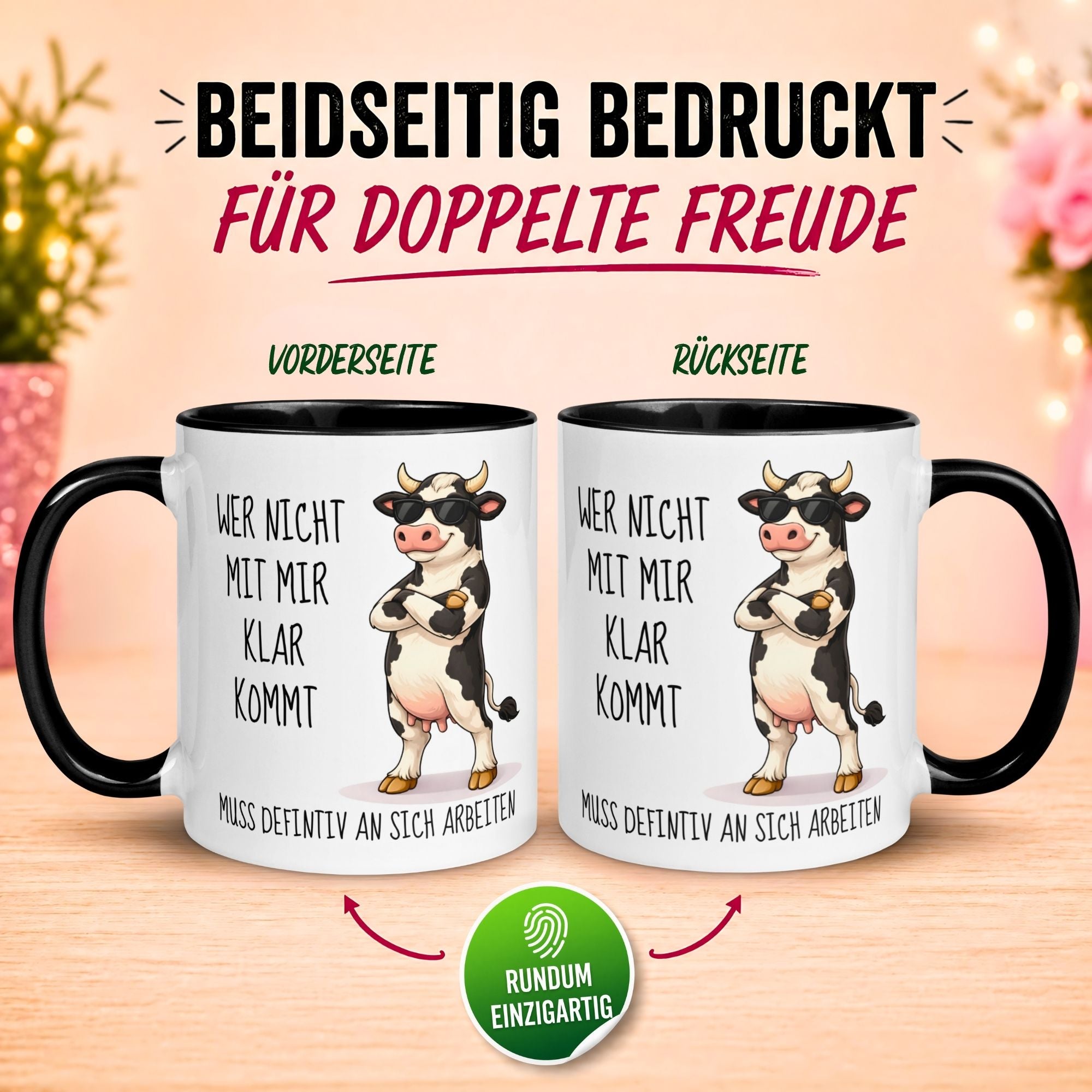 Tasse Kuh – „Wer nicht mit mir klar kommt“ – lustiger Kuh Geschenk Becher