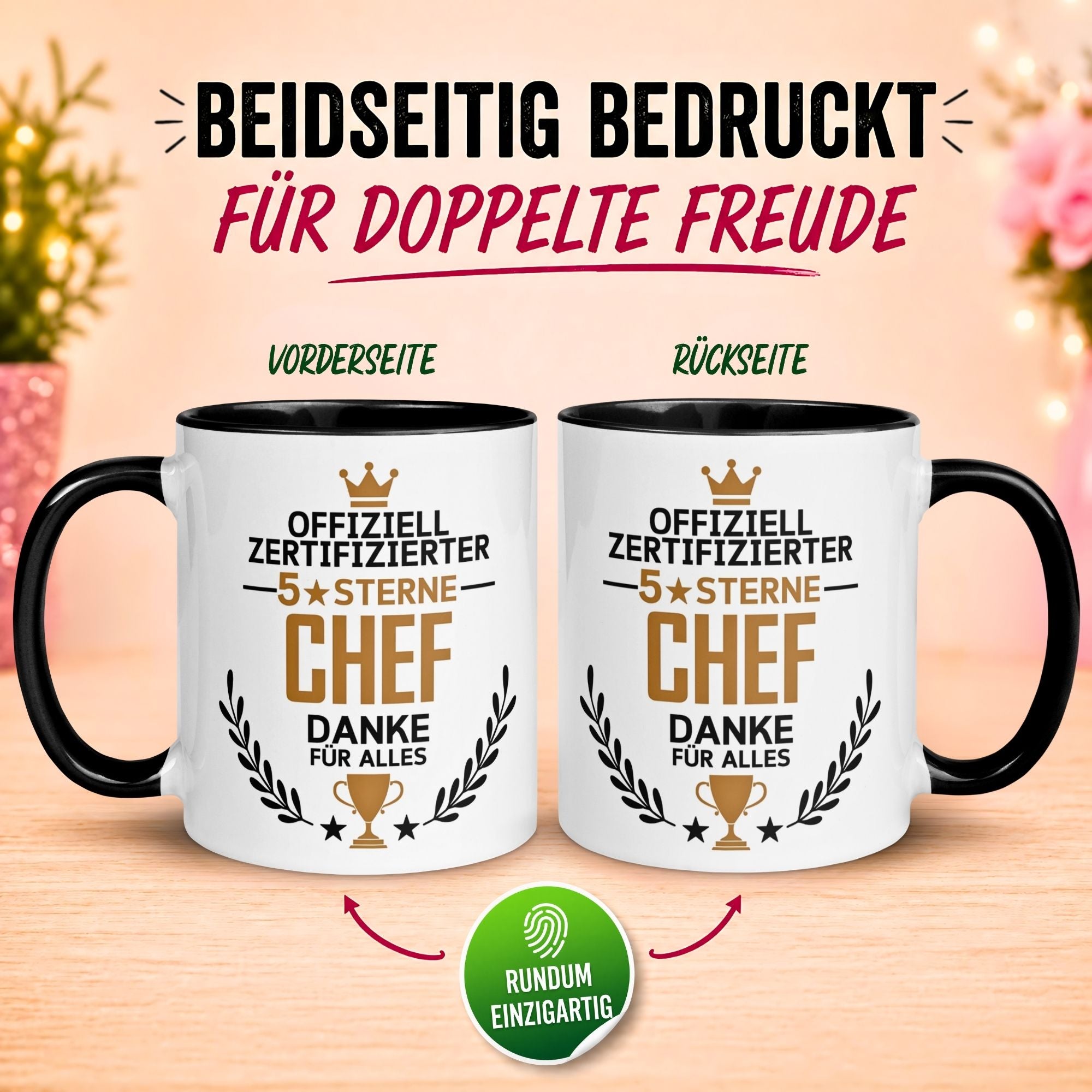 Tasse Chef – „Offiziell Zertifizierter 5 Sterne Chef - Danke für alles“ – Geschenk Becher