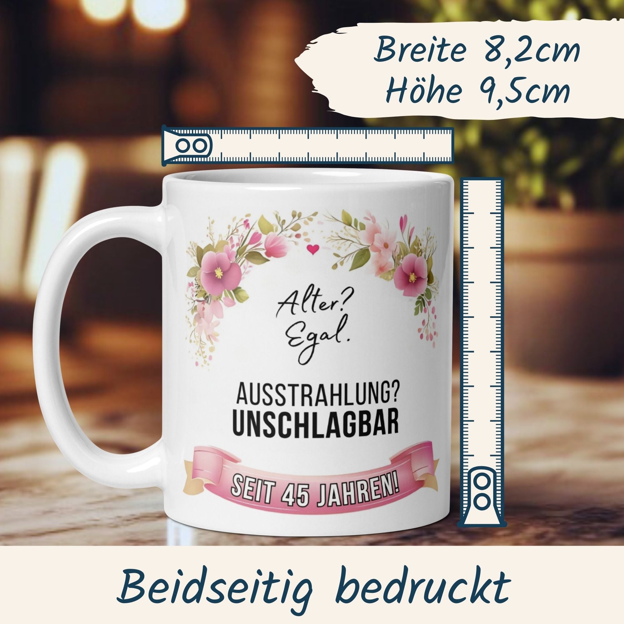 Momentals® Tasse 45. Geburtstag | Blumen & Spruch | Ausstrahlung - Unschlagbar seit 45 Jahren • Momentals