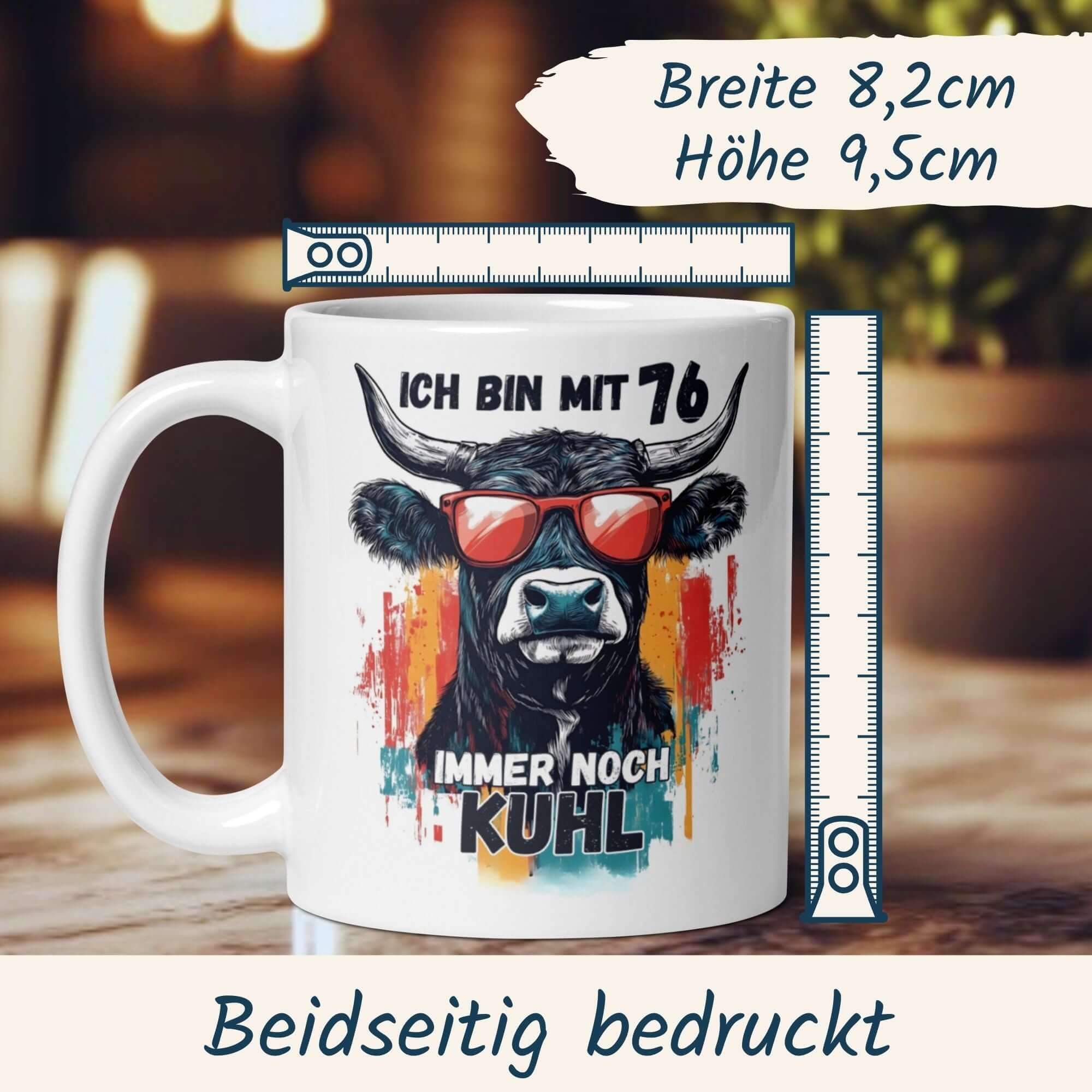 Stylische Tasse zum 76. Geburtstag mit Kuh und Spruch "Immer noch kuhl" - ein tolles Geschenk!
