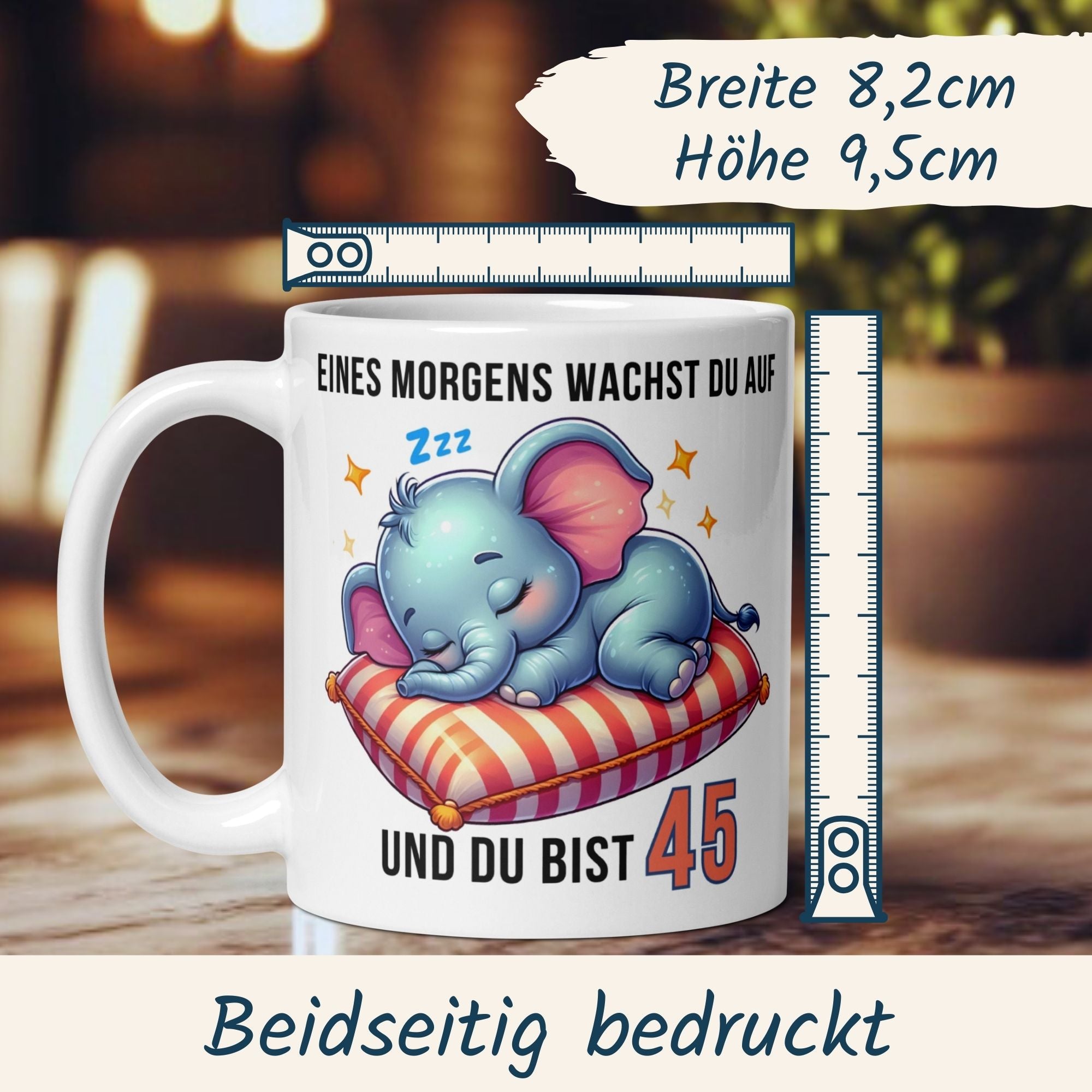 Momentals® Tasse 45. Geburtstag | Elefant & Spruch | Eines Morgens wachst du auf und du bist 45 • Momentals