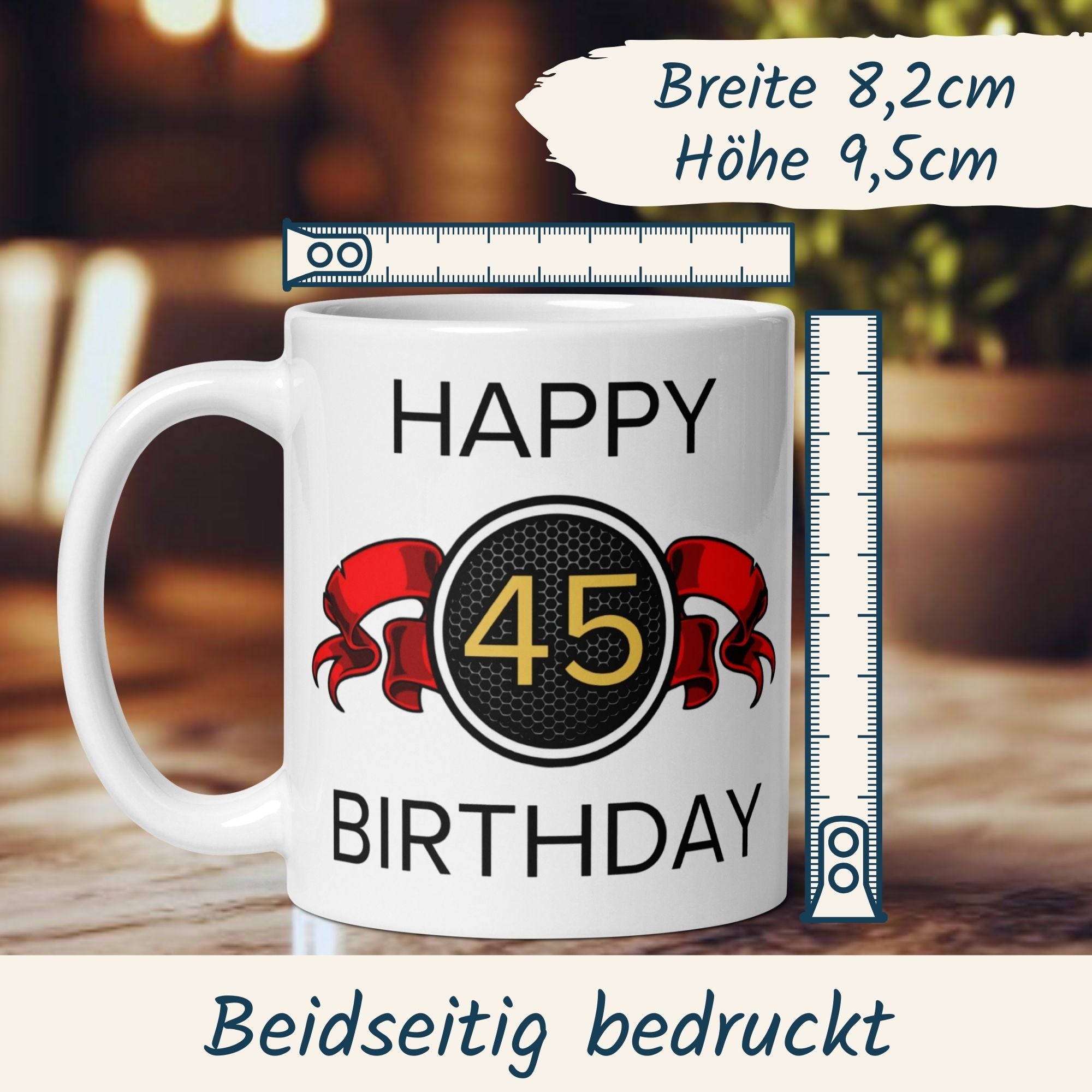 Momentals® Tasse 45. Geburtstag | Wappen & Spruch | Happy Birthday mit roter Schleife • Momentals